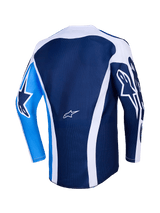 Maillot Alpinestars Racer Air Portl 2026, vue arrière, bleu Ucla et blanc, corps en maille bleu foncé avec accents incurvés blancs, manche gauche bleu vif avec logo étoile bleu foncé, manche droite bleu foncé avec logo étoile blanc, maillot de motocross performant et respirant