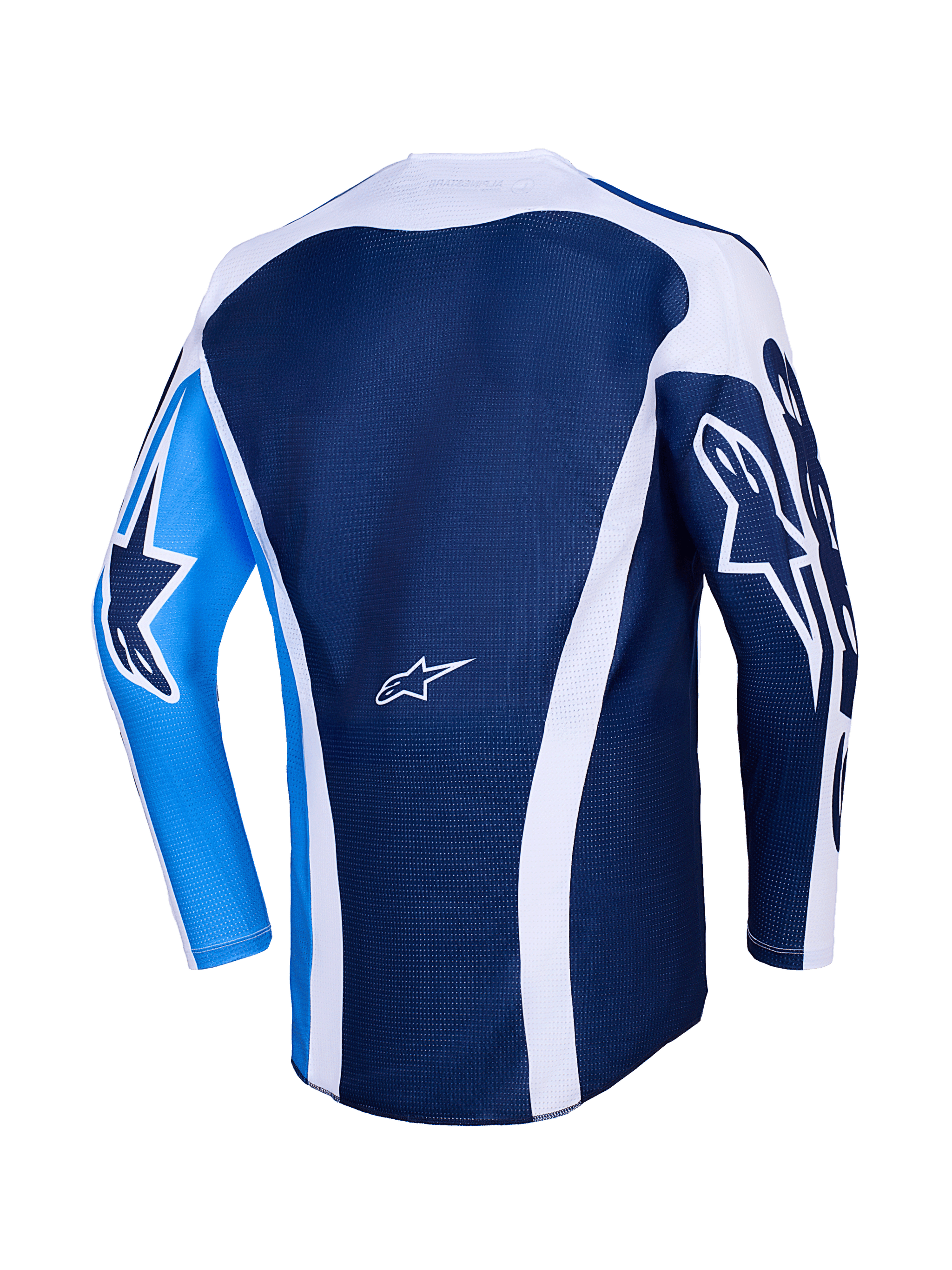 Maillot Alpinestars Racer Air Portl 2026, vue arrière, bleu Ucla et blanc, corps en maille bleu foncé avec accents incurvés blancs, manche gauche bleu vif avec logo étoile bleu foncé, manche droite bleu foncé avec logo étoile blanc, maillot de motocross performant et respirant