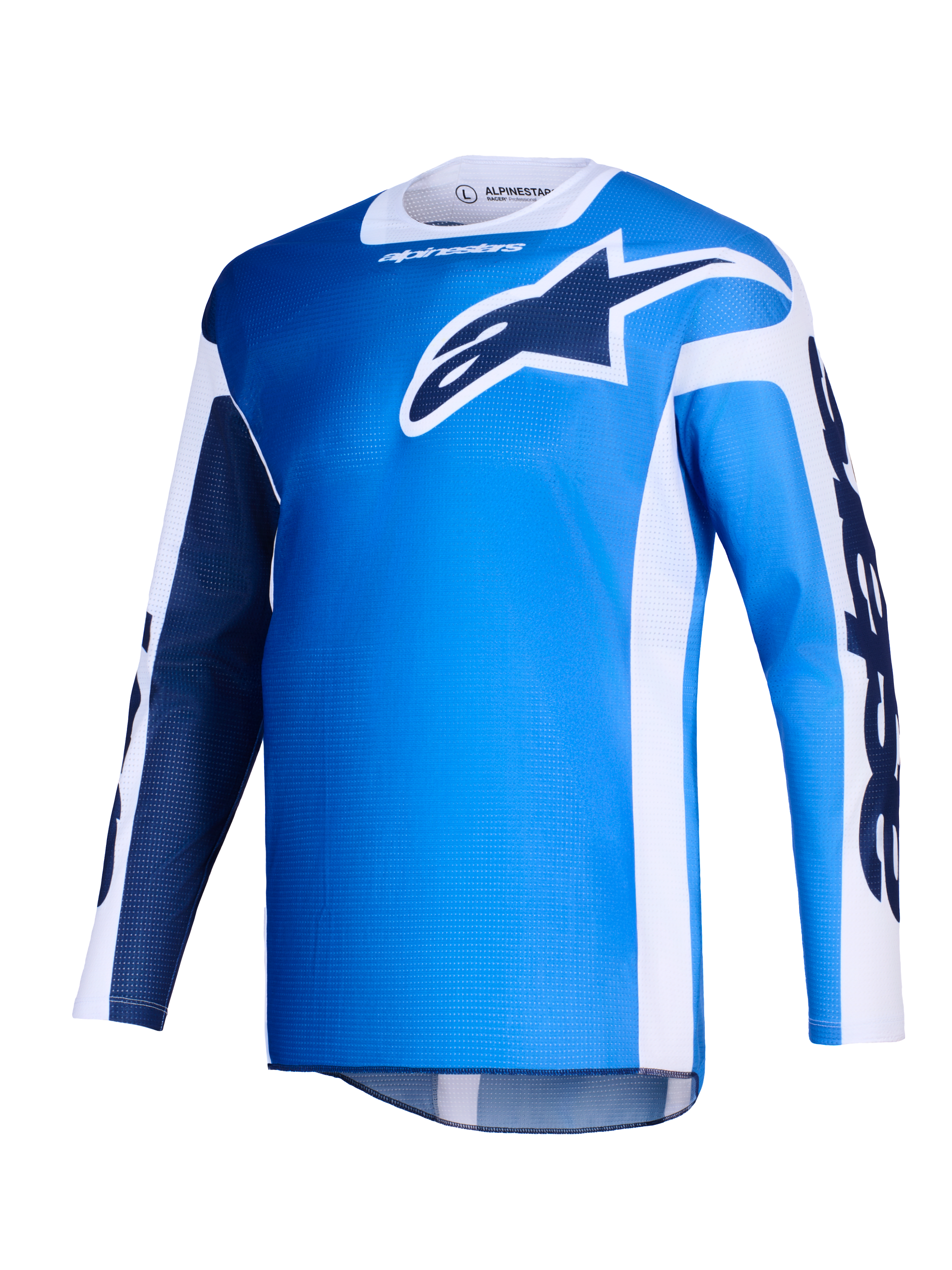 Alpinestars Maillot Racer Air Portl 2026, maillot de motocross, bleu Ucla et blanc, avec un grand logo Astars bleu foncé sur la poitrine, panneaux latéraux blancs et texture en maille légère pour une ventilation maximale
