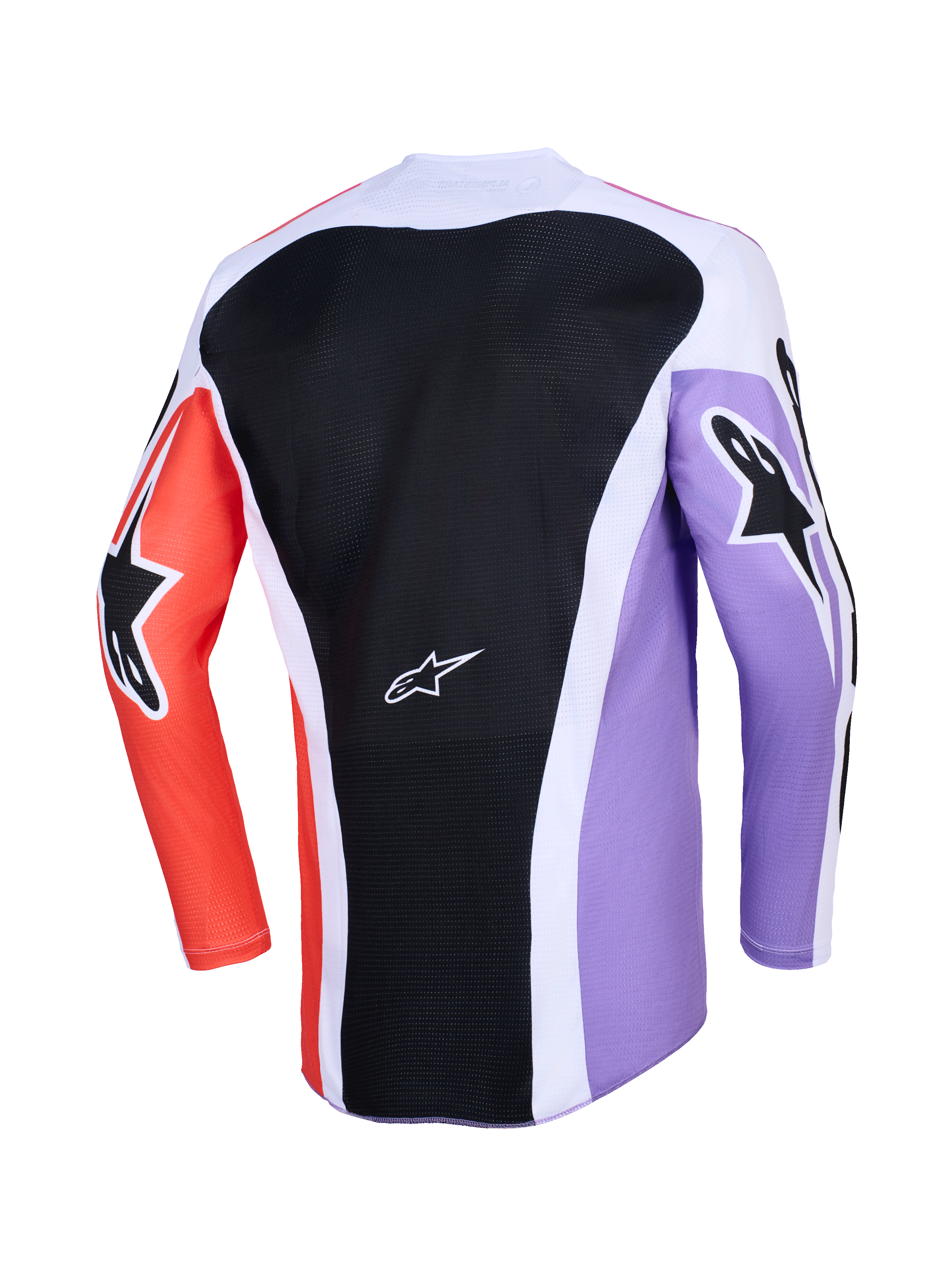 Maillot Alpinestars Racer Air Portl 2026, vue arrière du maillot de motocross à manches longues, design multicolore avec panneau dorsal en maille noire, manches violettes et orange avec logos étoiles noirs, accents blancs, construction respirante pour le tout-terrain