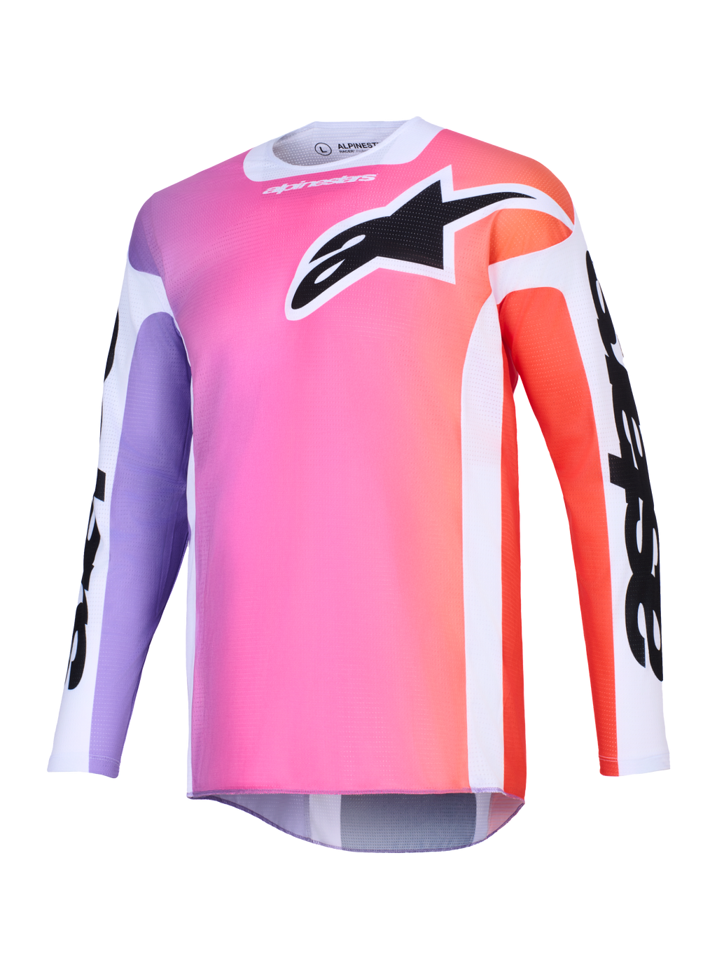 Alpinestars Racer Air Portl Jersey 2026, maillot de motocross, dégradé multicolore rose, violet et orange, grand logo Astars noir sur la poitrine, empiècements latéraux blancs, tissu en maille respirante à manches longues et coupe arrière allongée.