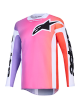 Alpinestars 2026 Racer Air Portl Jersey, Motocross Jersey, Multicolor gradient featuring pink, purple, and orange, large black Astars logo on the chest, white side panels, breathable mesh fabric with long sleeves and an extended rear cut.