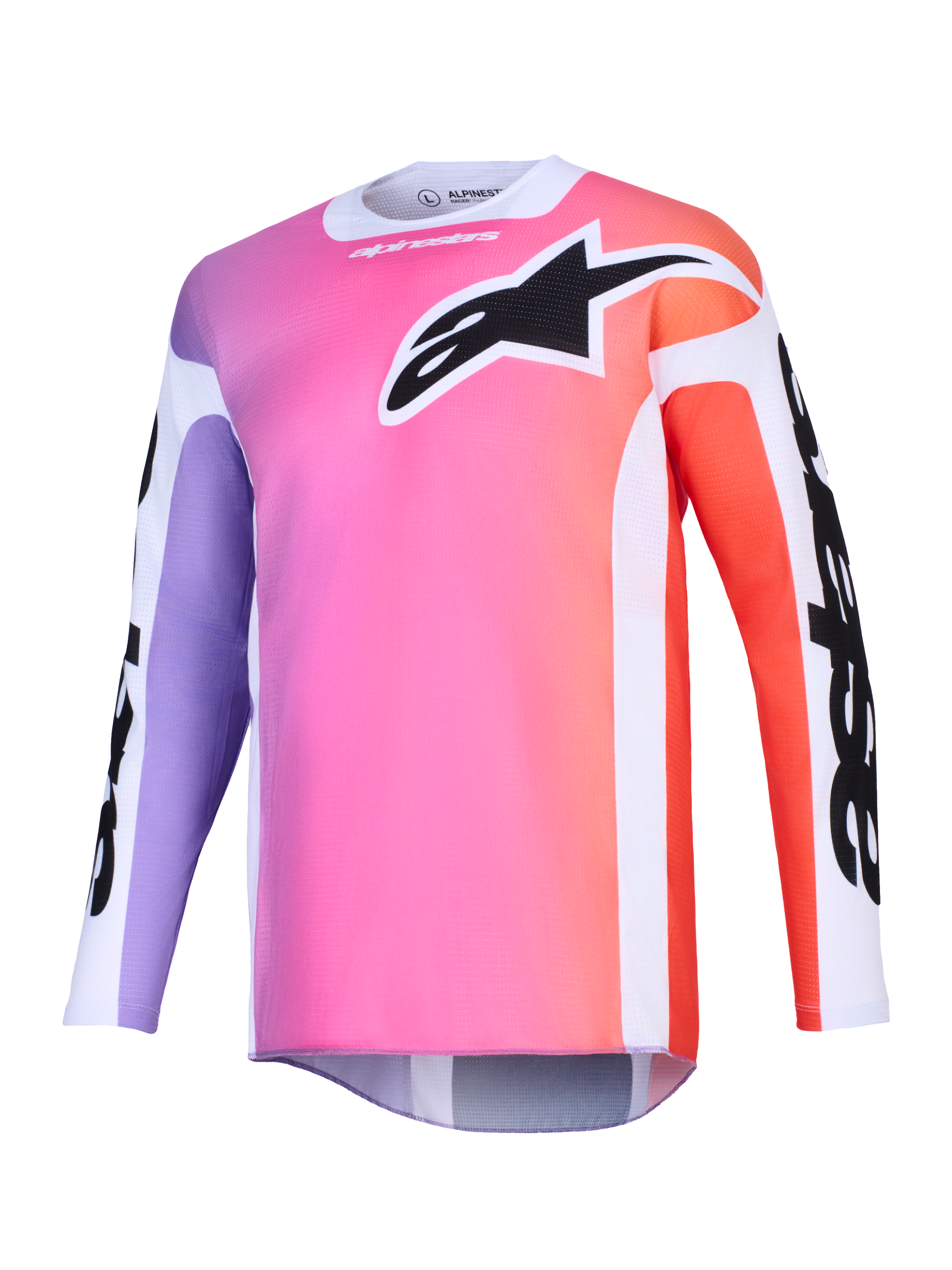 Alpinestars 2026 Racer Air Portl Jersey, Motocross Jersey, Multicolor gradient featuring pink, purple, and orange, large black Astars logo on the chest, white side panels, breathable mesh fabric with long sleeves and an extended rear cut.