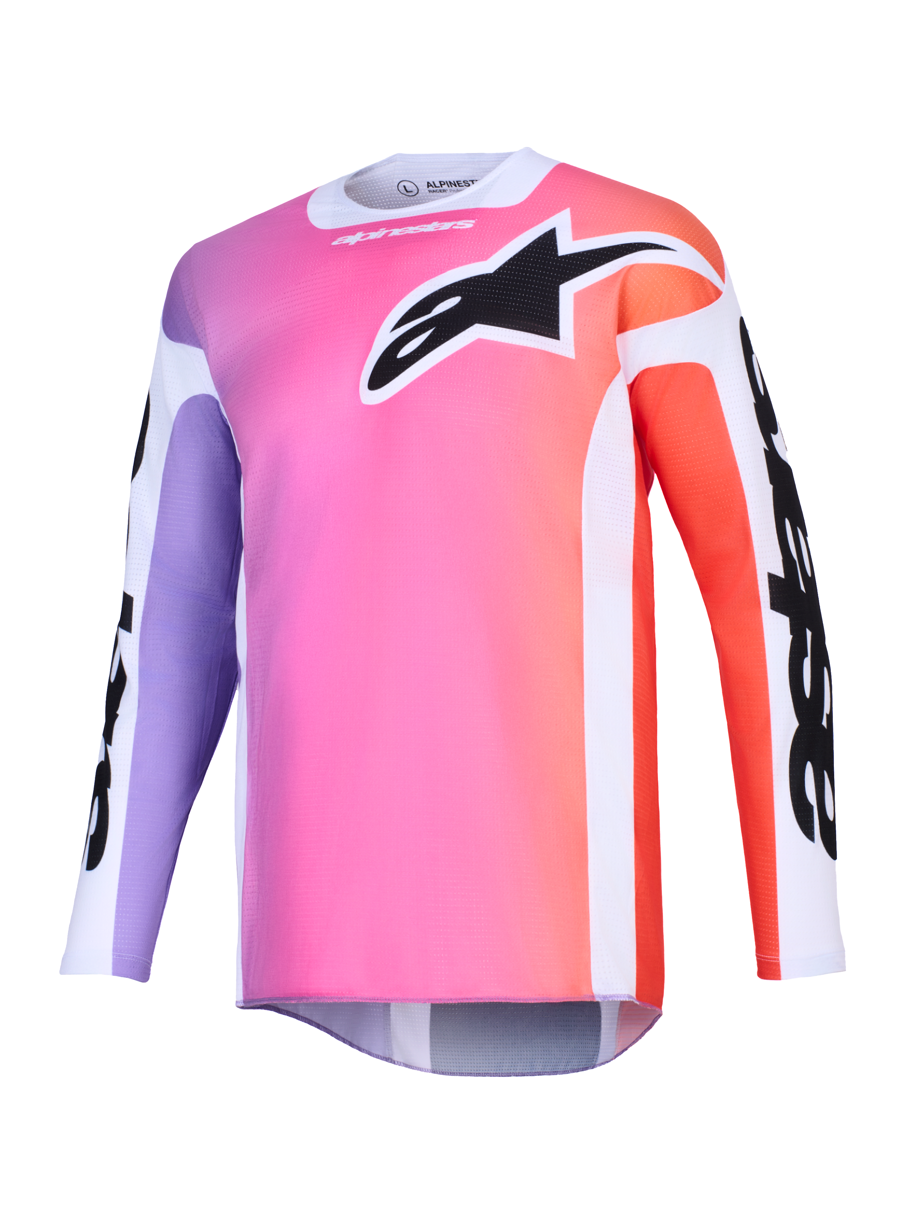 Alpinestars Racer Air Portl Jersey 2026, maillot de motocross, dégradé multicolore rose, violet et orange, grand logo Astars noir sur la poitrine, empiècements latéraux blancs, tissu en maille respirante à manches longues et coupe arrière allongée.
