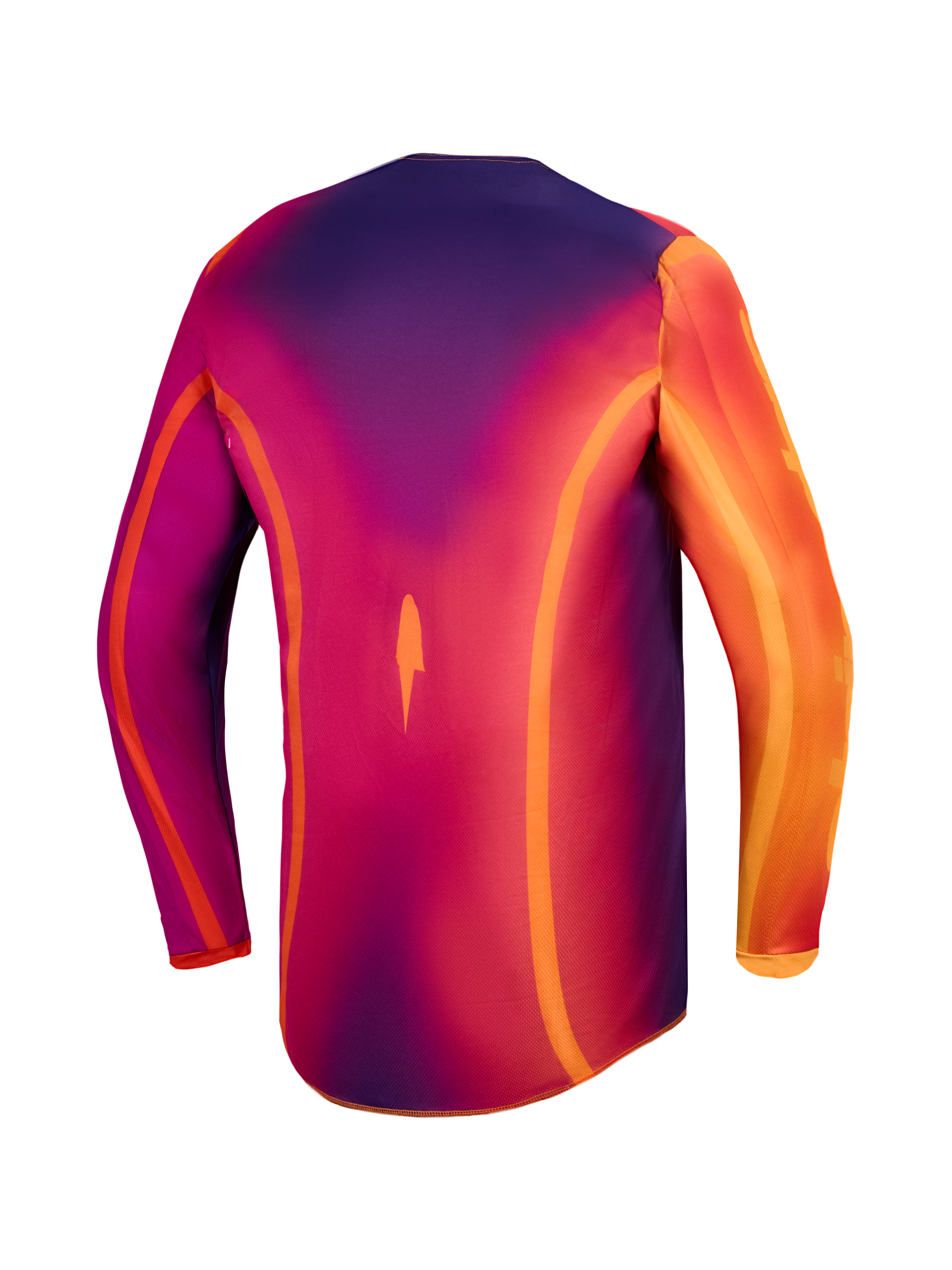 Maillot Alpinestars Fluid Kepler, haut de motocross pour homme, violet et orange, en poly-tissu évacuant l'humidité avec coupe arrière allongée, vue de dos.