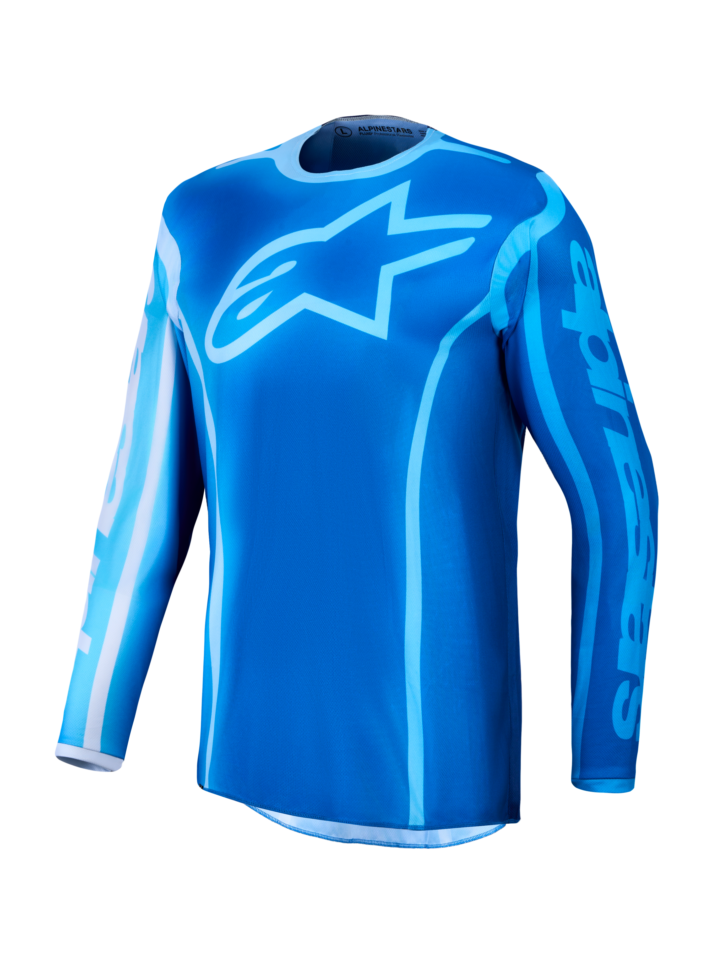 Alpinestars 2027 Fluid Kepler Jersey, blue motocross jersey with moisture-wicking textile and a large chest star logo.