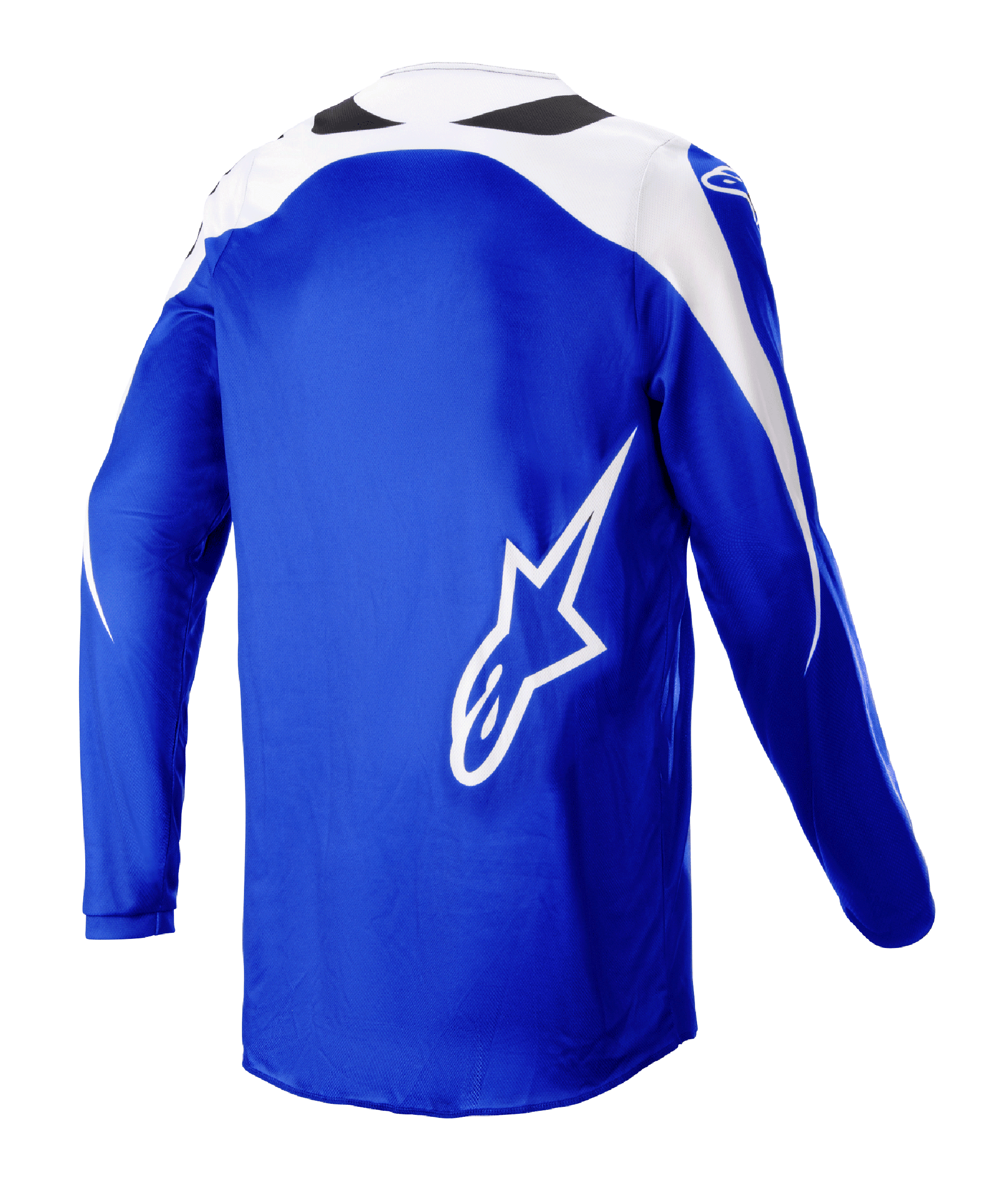 Alpinestars 2023 Fluid Narin Jersey, maillot de motocross, bleu et blanc, vue arrière avec un grand logo A-star blanc, empiècements blancs aux épaules, poly-tissu respirant pour des performances tout-terrain
