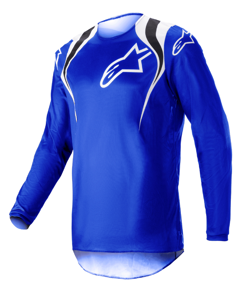 Maillot Alpinestars Fluid Narin 2023, maillot de motocross, bleu, blanc et noir avec des accents aux épaules et un logo blanc sur la poitrine, design léger à manches longues pour la course tout-terrain