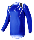 Maillot Alpinestars Fluid Narin 2023, maillot de motocross, bleu, blanc et noir avec des accents aux épaules et un logo blanc sur la poitrine, design léger à manches longues pour la course tout-terrain