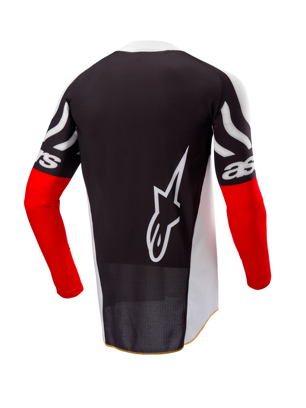Maillot Alpinestars Techstar Deep Édition Limitée, maillot de motocross, vue arrière, noir et blanc avec manches rouge vif, grand logo Alpinestars blanc au dos, coupe course athlétique en tissu polyester perforé