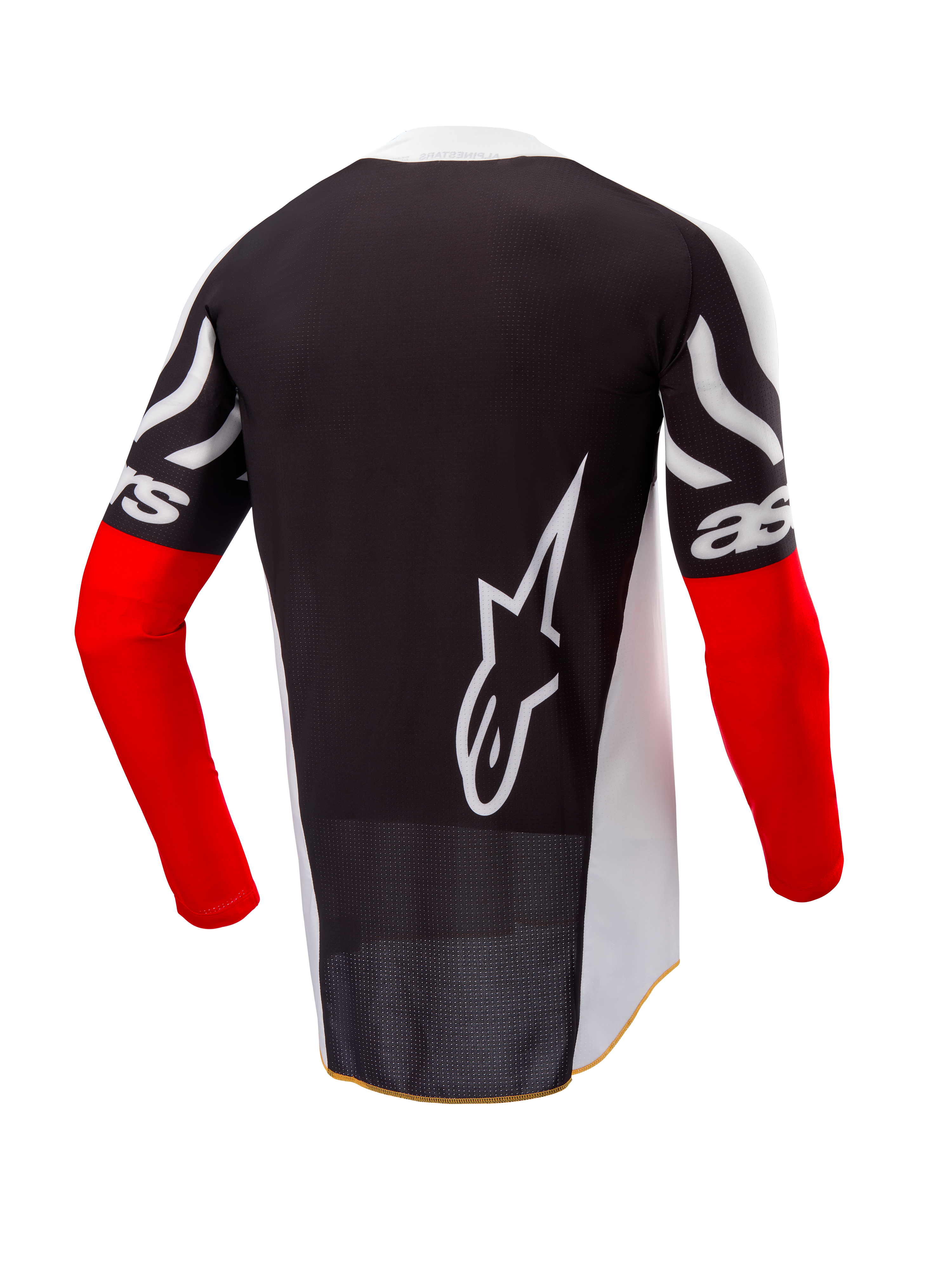 Maillot Alpinestars Techstar Deep Édition Limitée, maillot de motocross, vue arrière, noir et blanc avec manches rouge vif, grand logo Alpinestars blanc au dos, coupe course athlétique en tissu polyester perforé