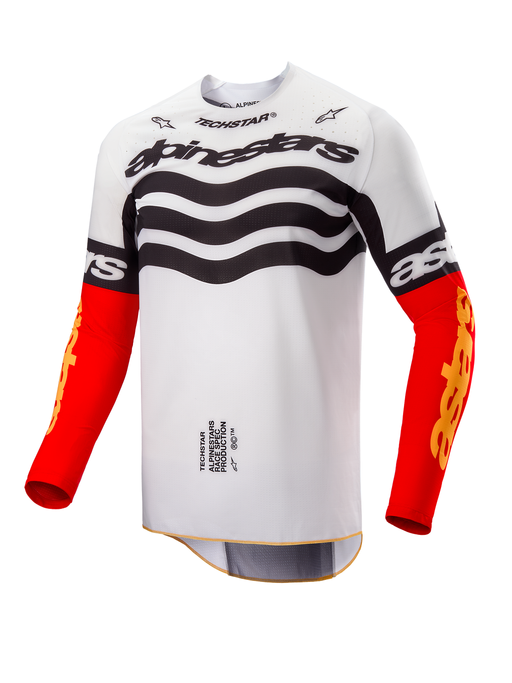Maillot Alpinestars Techstar Deep Limited Edition, maillot de motocross, design blanc et noir avec graphismes ondulés sur la poitrine, manches rouge vif avec logo Astars jaune, vêtement de course tout-terrain haute performance