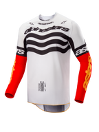 Maillot Alpinestars Techstar Deep Limited Edition, maillot de motocross, design blanc et noir avec graphismes ondulés sur la poitrine, manches rouge vif avec logo Astars jaune, vêtement de course tout-terrain haute performance