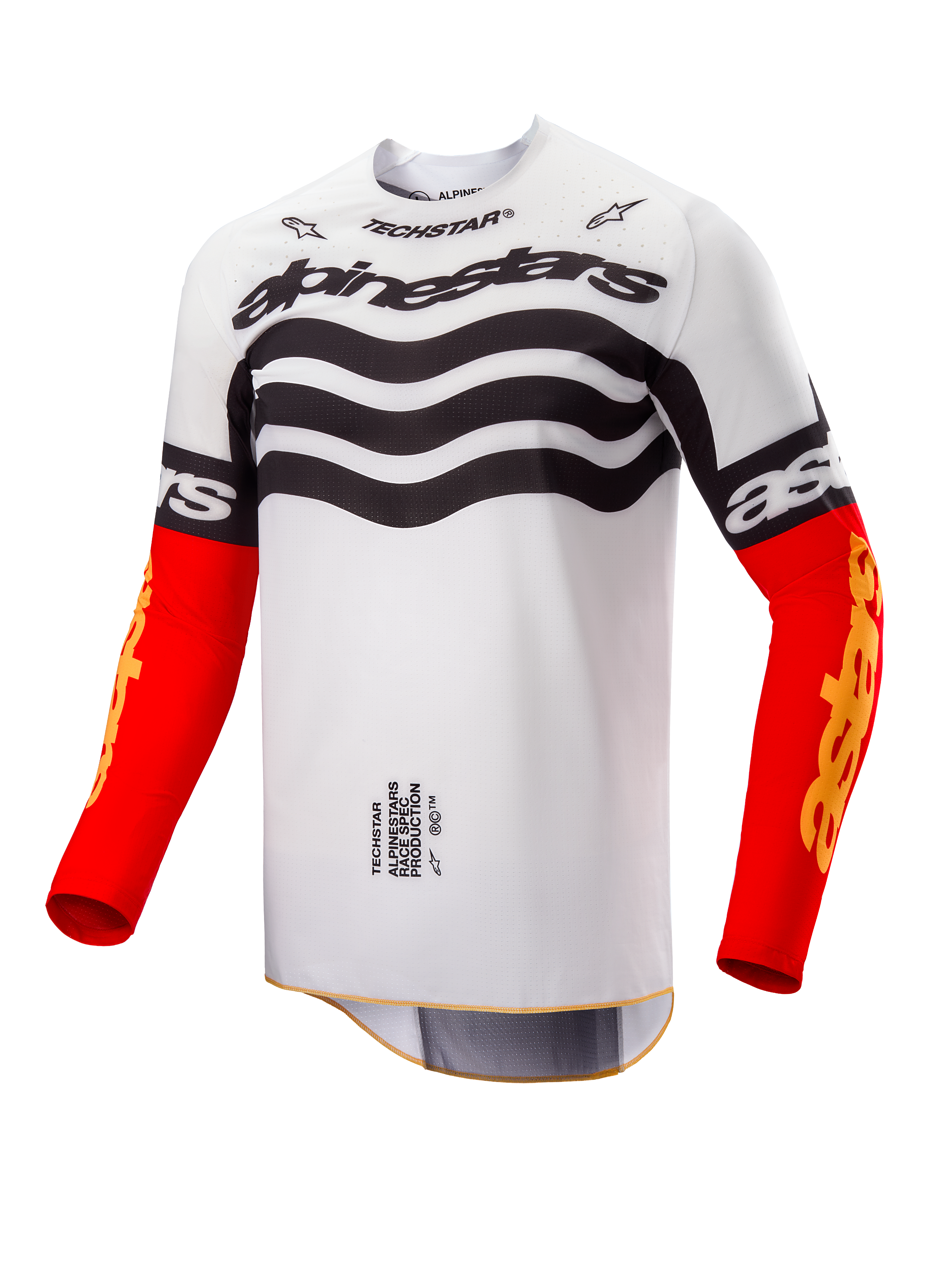 Maillot Alpinestars Techstar Deep Limited Edition, maillot de motocross, design blanc et noir avec graphismes ondulés sur la poitrine, manches rouge vif avec logo Astars jaune, vêtement de course tout-terrain haute performance
