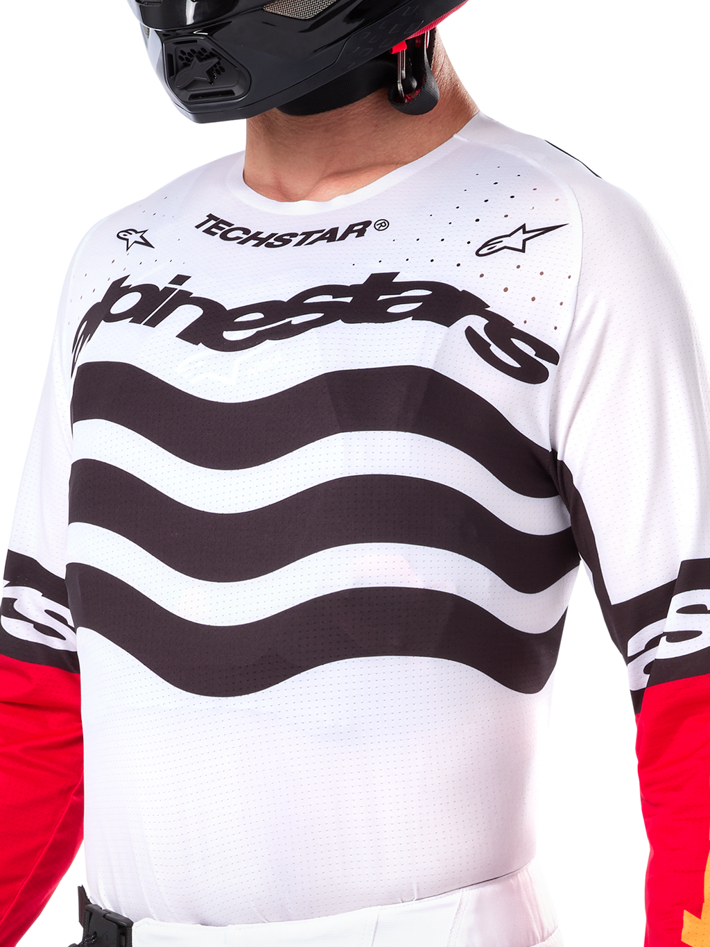 Maillot Alpinestars Techstar Deep Édition Limitée, maillot de motocross, noir, blanc et rouge vif, coupe athlétique de course avec panneaux extensibles techniques, marquage audacieux et ventilations découpées au laser pour une performance tout-terrain