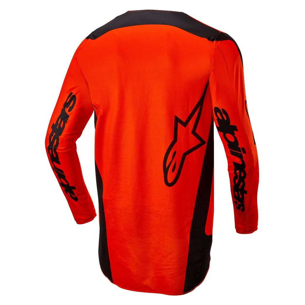 Alpinestars 2024 Fluid Lurv Jersey, Motocross Jersey, Hot Orange and Black, back view showing large black star logo and Alpinestars branding on sleeves, drop tail design for coverage, lightweight poly-fabric for off-road racing