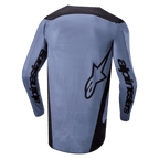 Alpinestars 2024 Fluid Lurv Jersey, maillot de motocross, bleu clair et noir, vue de dos montrant le marquage Alpinestars sur les manches et le logo étoile dans le dos, pan arrière allongé, tissu performant respirant pour la course tout-terrain