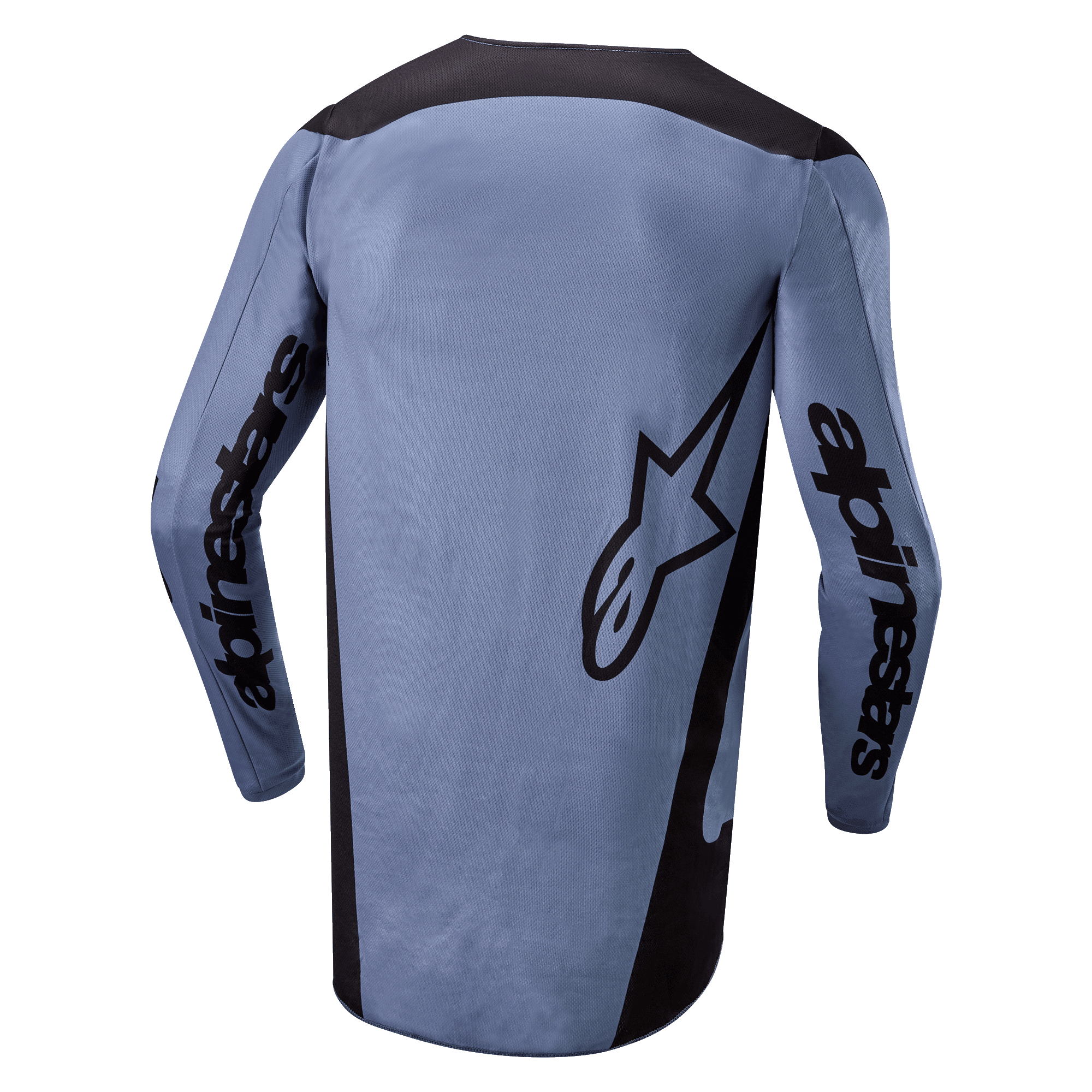 Alpinestars 2024 Fluid Lurv Jersey, maillot de motocross, bleu clair et noir, vue de dos montrant le marquage Alpinestars sur les manches et le logo étoile dans le dos, pan arrière allongé, tissu performant respirant pour la course tout-terrain