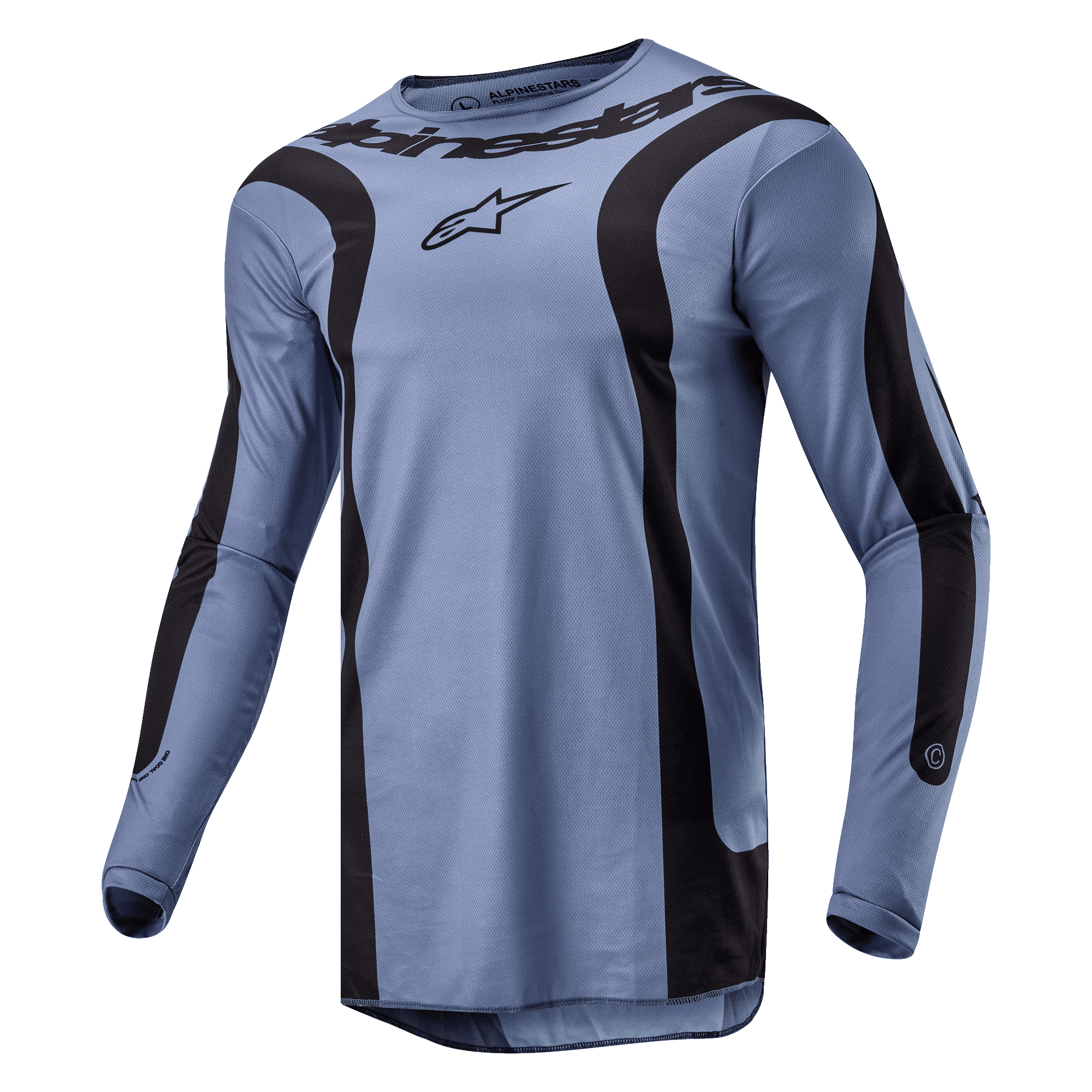 Alpinestars 2024 Fluid Lurv Jersey, maillot de motocross, bleu clair et noir, avec des graphismes noirs incurvés audacieux sur le devant et les manches, logo Alpinestars central sur la poitrine, et construction en poly-tissu haute performance avec un col sport.