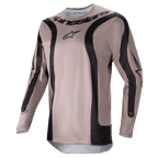 Alpinestars 2024 Fluid Lurv Jersey, Motocross Jersey, Mud Black, featuring black curved graphic panels and central Alpinestars logo, lightweight breathable poly-fabric for off-road racing performance