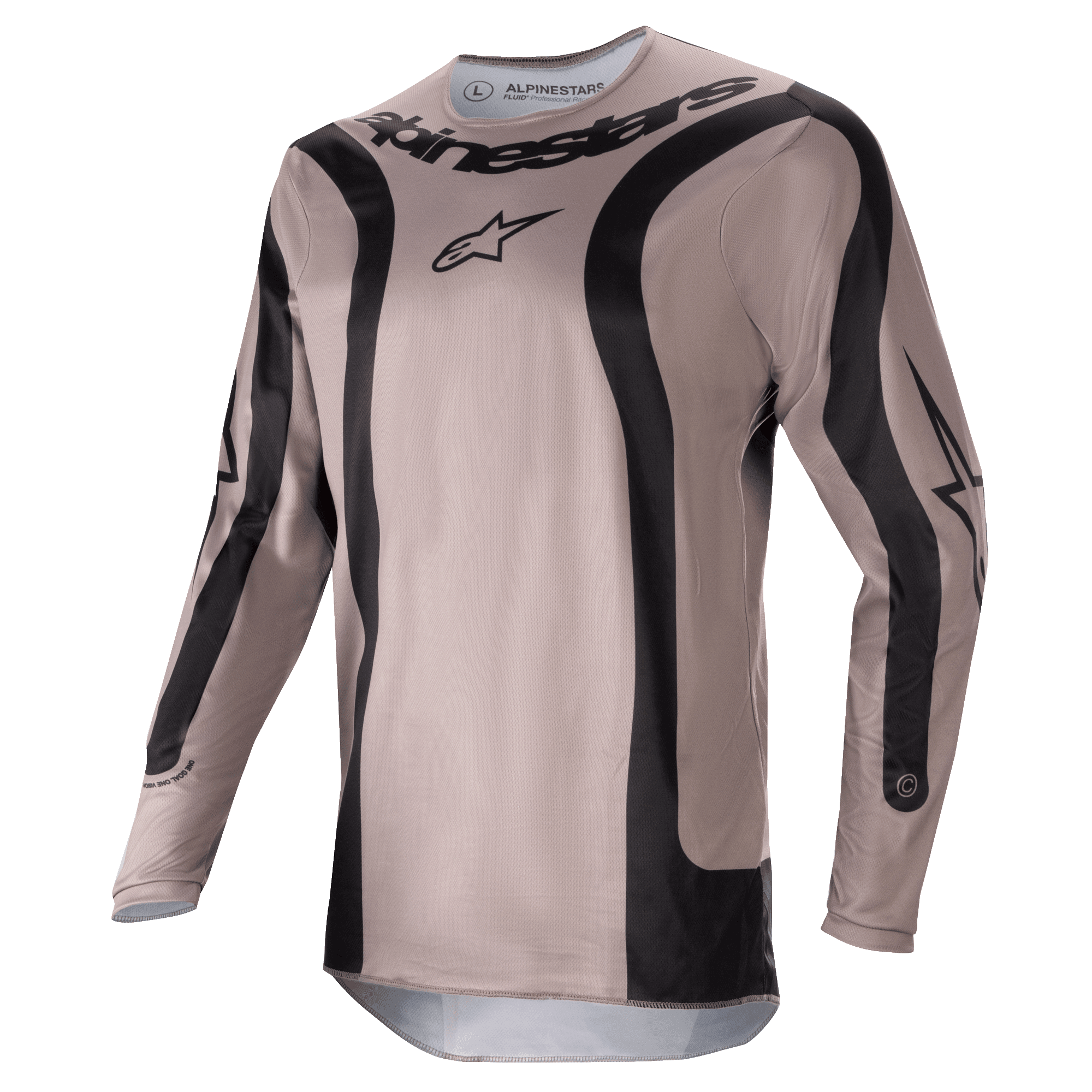 Alpinestars 2024 Fluid Lurv Jersey, Motocross Jersey, Mud Black, featuring black curved graphic panels and central Alpinestars logo, lightweight breathable poly-fabric for off-road racing performance