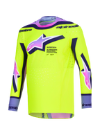 Maillot de motocross Alpinestars Supertech Vista 2026, jaune vif avec accents violets et noirs, logos Astars avec dégradé du rose au violet, coupe athlétique de course avec perforations au laser pour la performance en tout-terrain