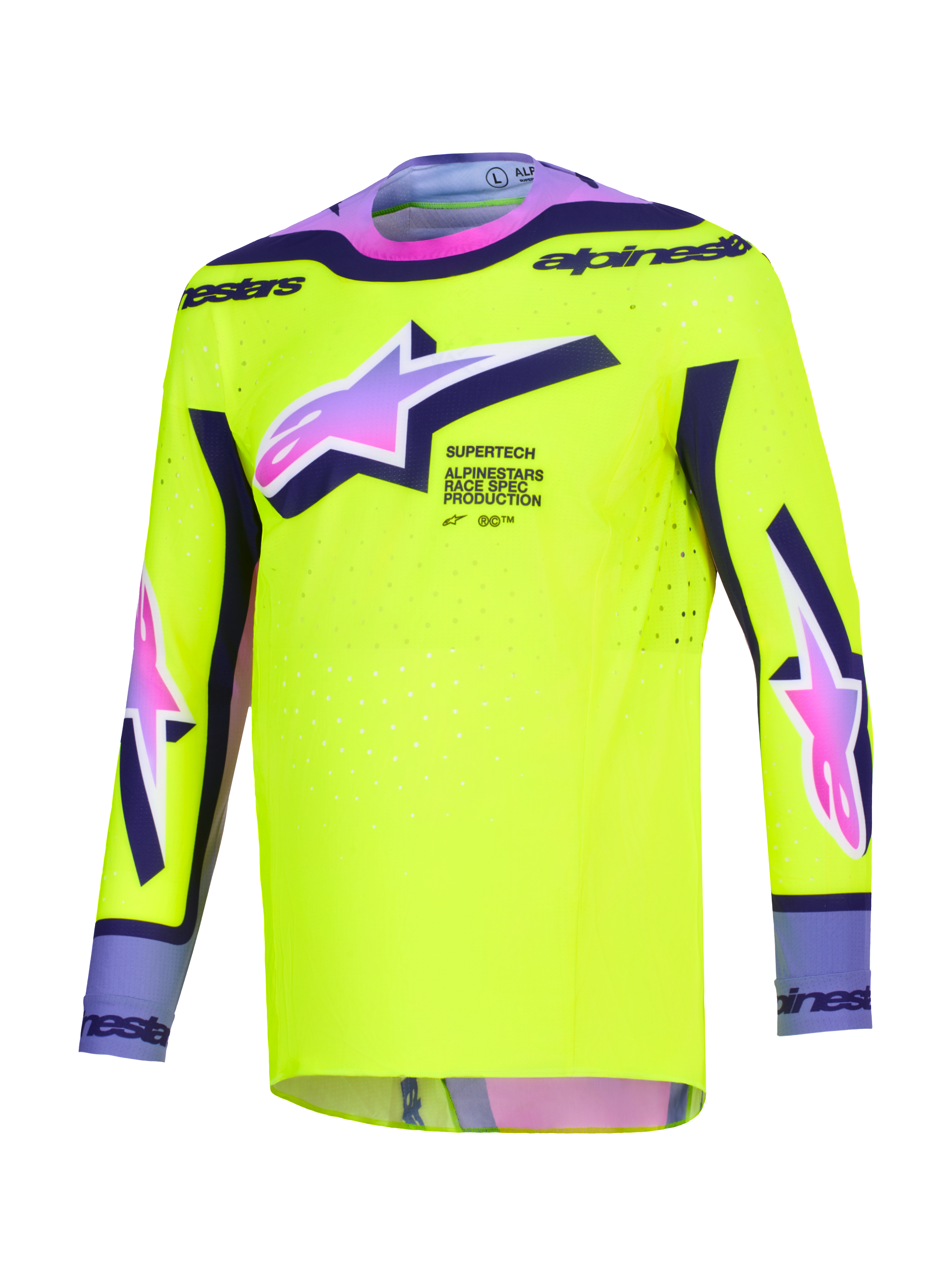 Maillot de motocross Alpinestars Supertech Vista 2026, jaune vif avec accents violets et noirs, logos Astars avec dégradé du rose au violet, coupe athlétique de course avec perforations au laser pour la performance en tout-terrain