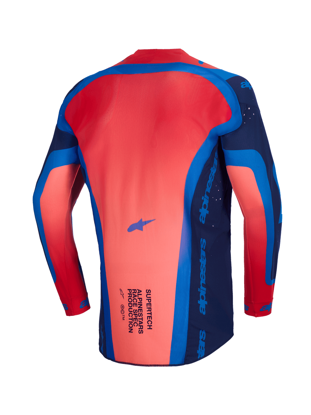 Maillot Alpinestars Supertech Vista 2026, maillot de motocross, Bleu Marine Foncé, Corail Fluo et Cobalt, vue arrière montrant le profil arrière allongé et la construction en maille légère