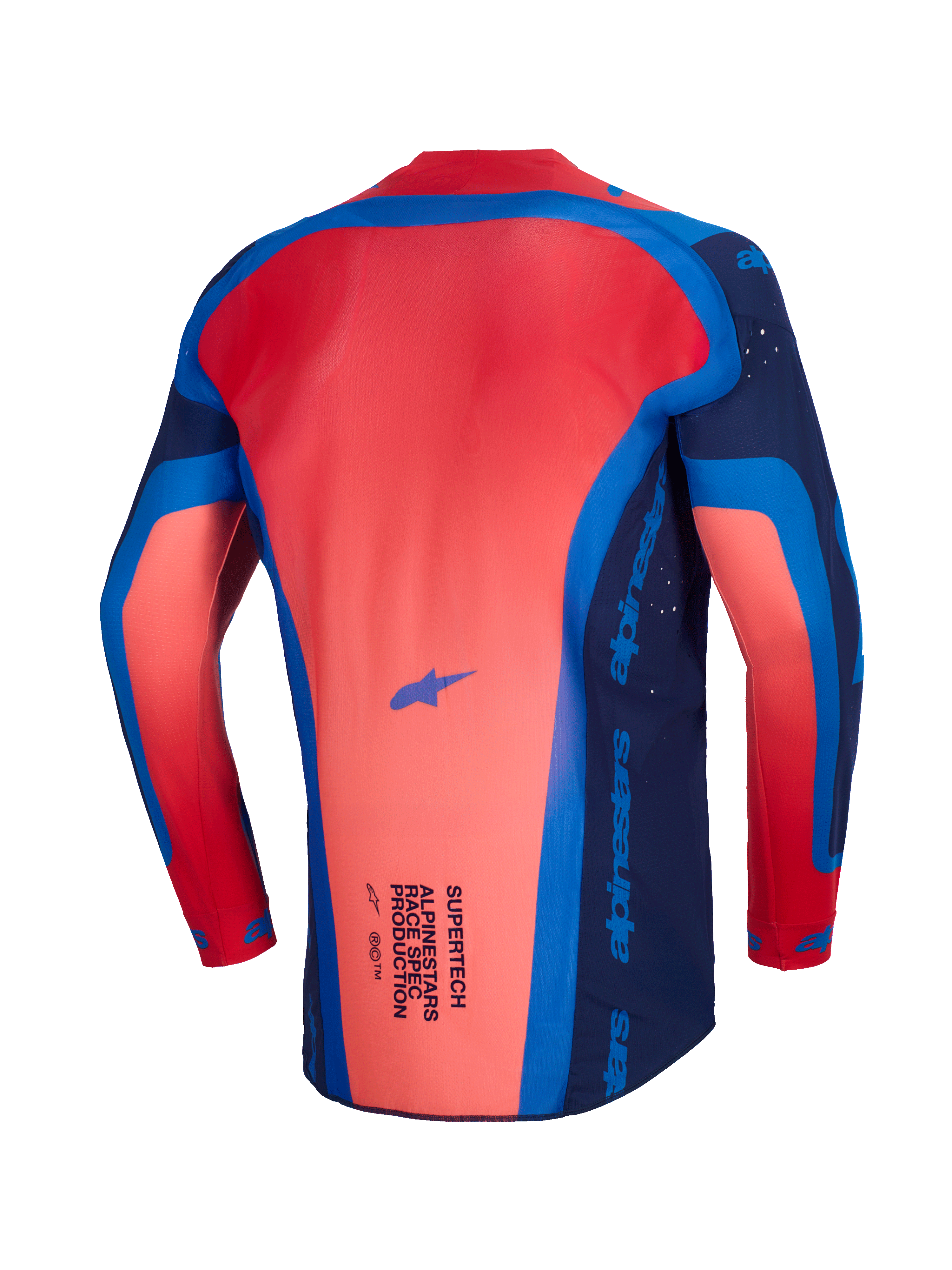 Maillot Alpinestars Supertech Vista 2026, maillot de motocross, Bleu Marine Foncé, Corail Fluo et Cobalt, vue arrière montrant le profil arrière allongé et la construction en maille légère