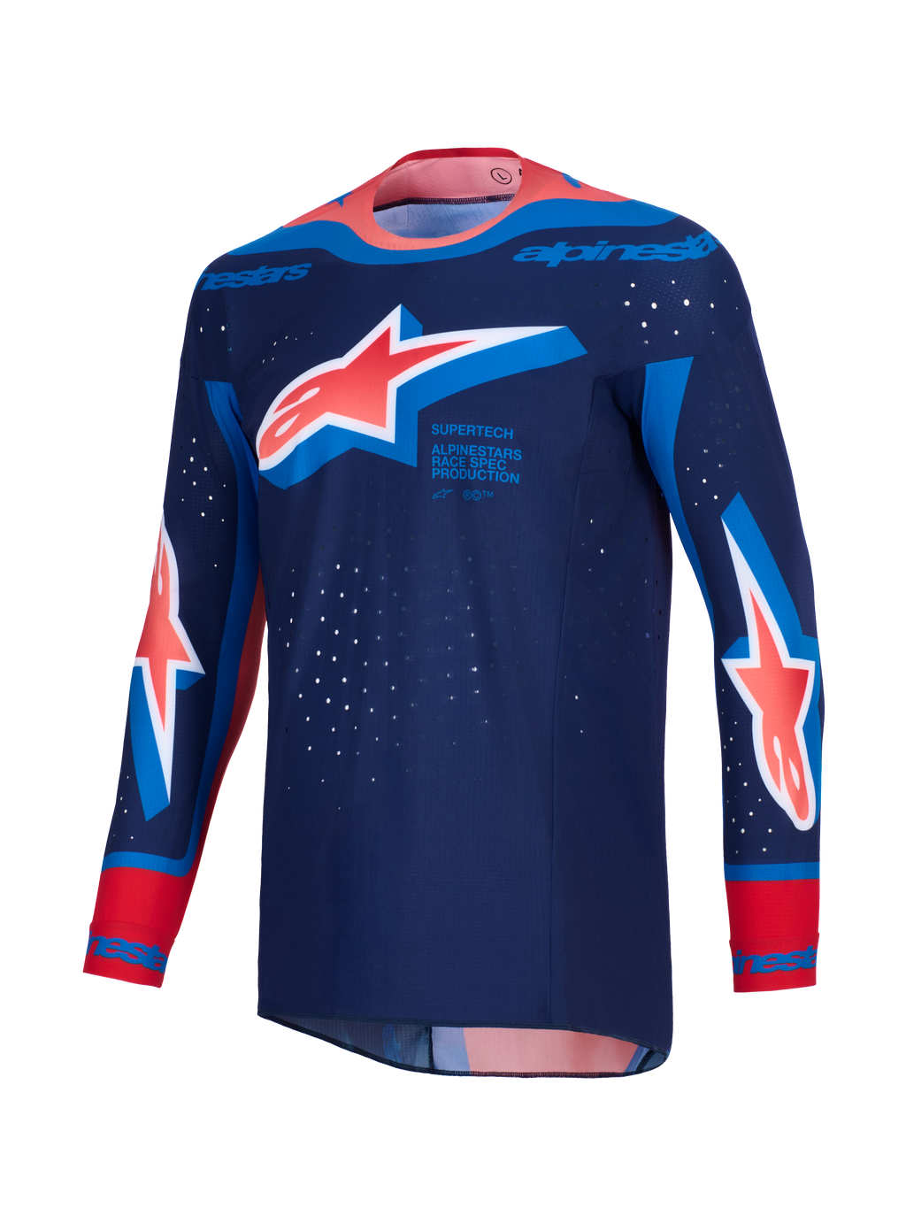 Maillot Alpinestars Supertech Vista 2026, maillot de motocross, bleu marine foncé avec accents corail vif et bleu cobalt, arborant de grands logos Astar sur la poitrine et les manches, coupe athlétique de course avec perforations laser et col sans couture