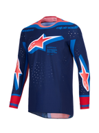 Maillot Alpinestars Supertech Vista 2026, maillot de motocross, bleu marine foncé avec accents corail vif et bleu cobalt, arborant de grands logos Astar sur la poitrine et les manches, coupe athlétique de course avec perforations laser et col sans couture