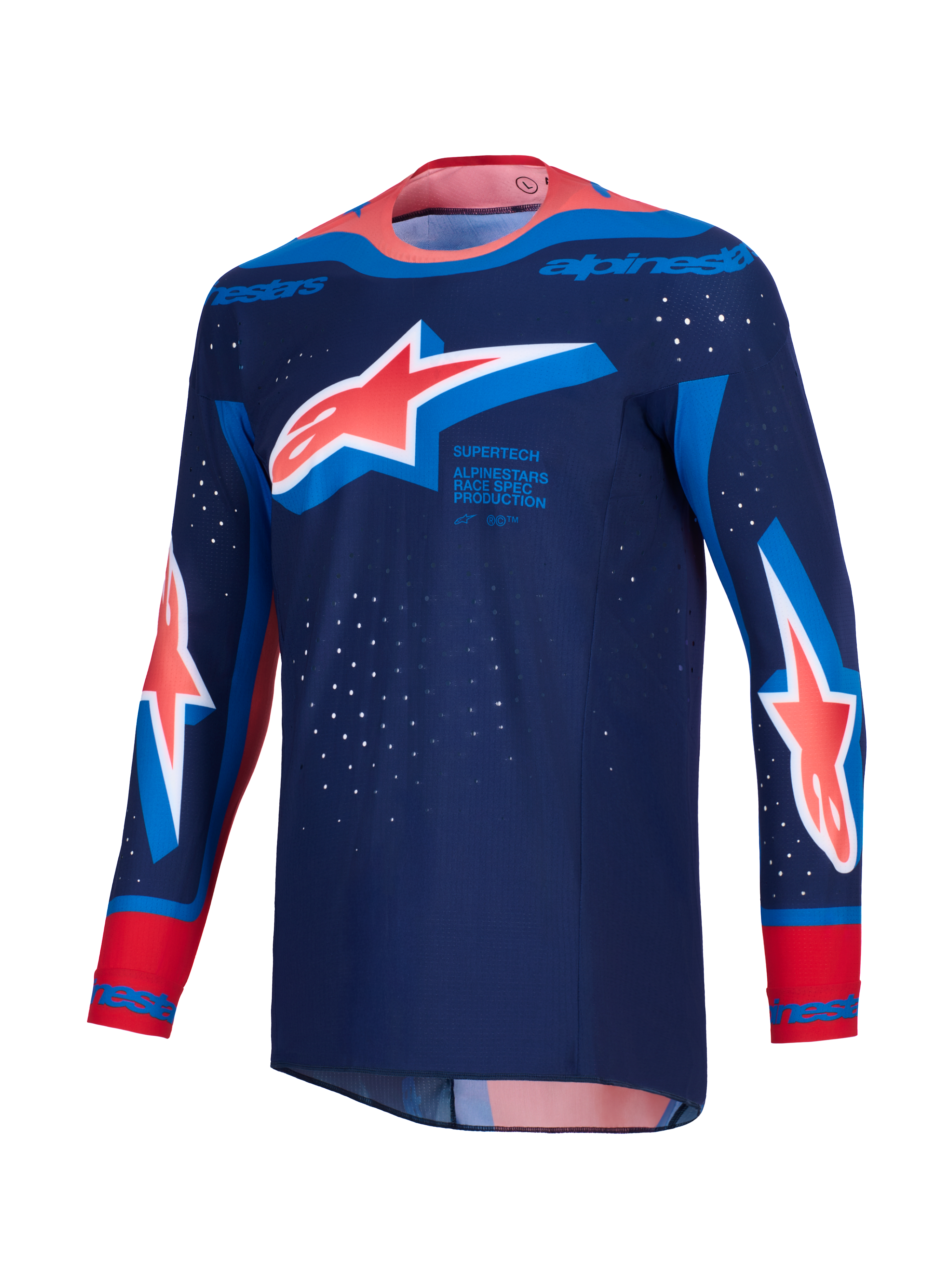 Maillot Alpinestars Supertech Vista 2026, maillot de motocross, bleu marine foncé avec accents corail vif et bleu cobalt, arborant de grands logos Astar sur la poitrine et les manches, coupe athlétique de course avec perforations laser et col sans couture