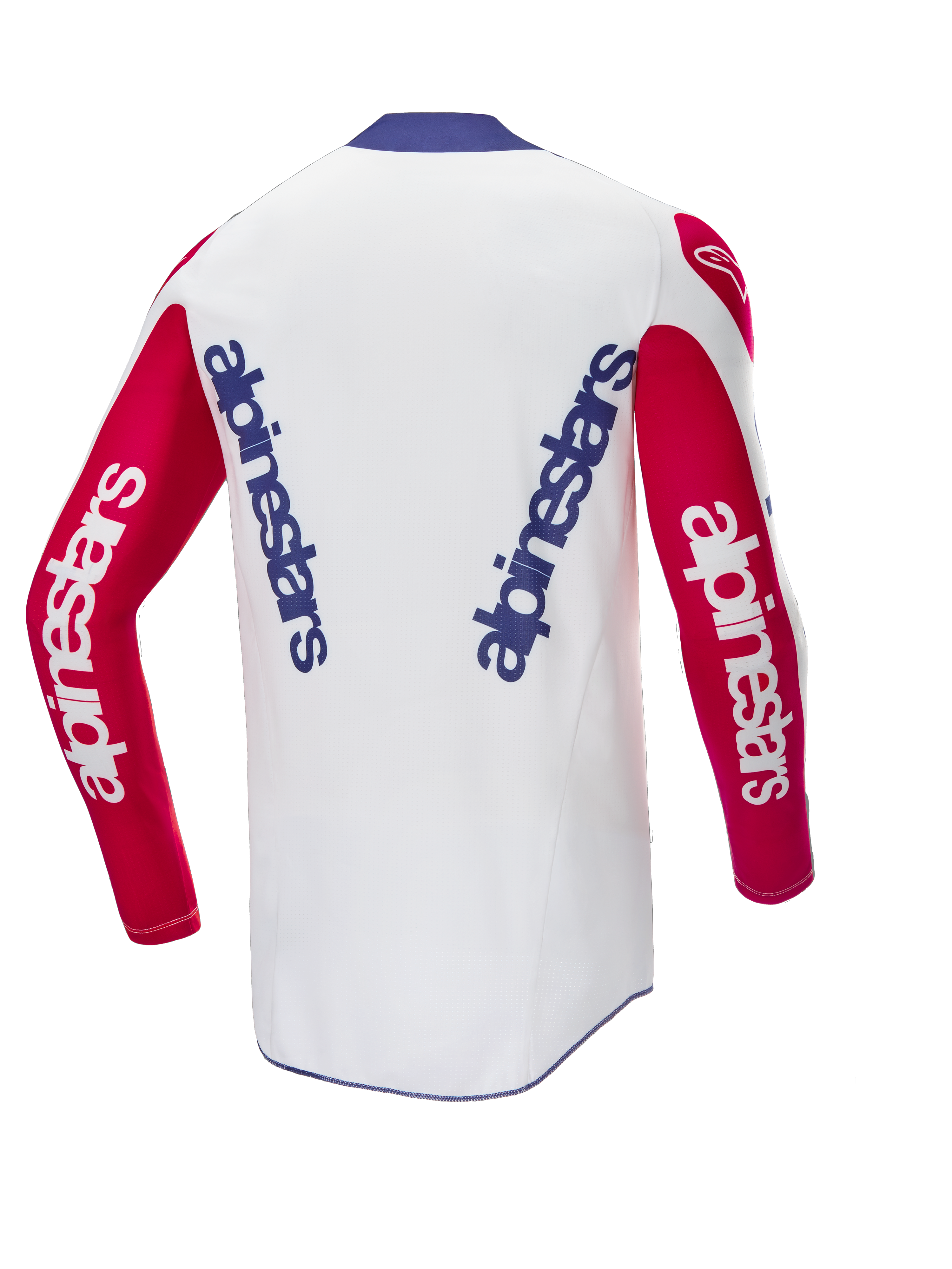 Maillot Alpinestars Limited Edition Techstar Fortitude, maillot de motocross, rouge vif, blanc et bleu, vue arrière montrant le logo bleu vertical sur un dos blanc avec des manches rouges, coupe haute performance dérivée de la course pour le motocross