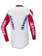 Maillot Alpinestars Techstar Fortitude Édition Limitée, vue de dos, maillot de motocross, corps blanc avec manches rouges et col bleu, avec logos Alpinestars bleus et blancs, équipement de course haute performance