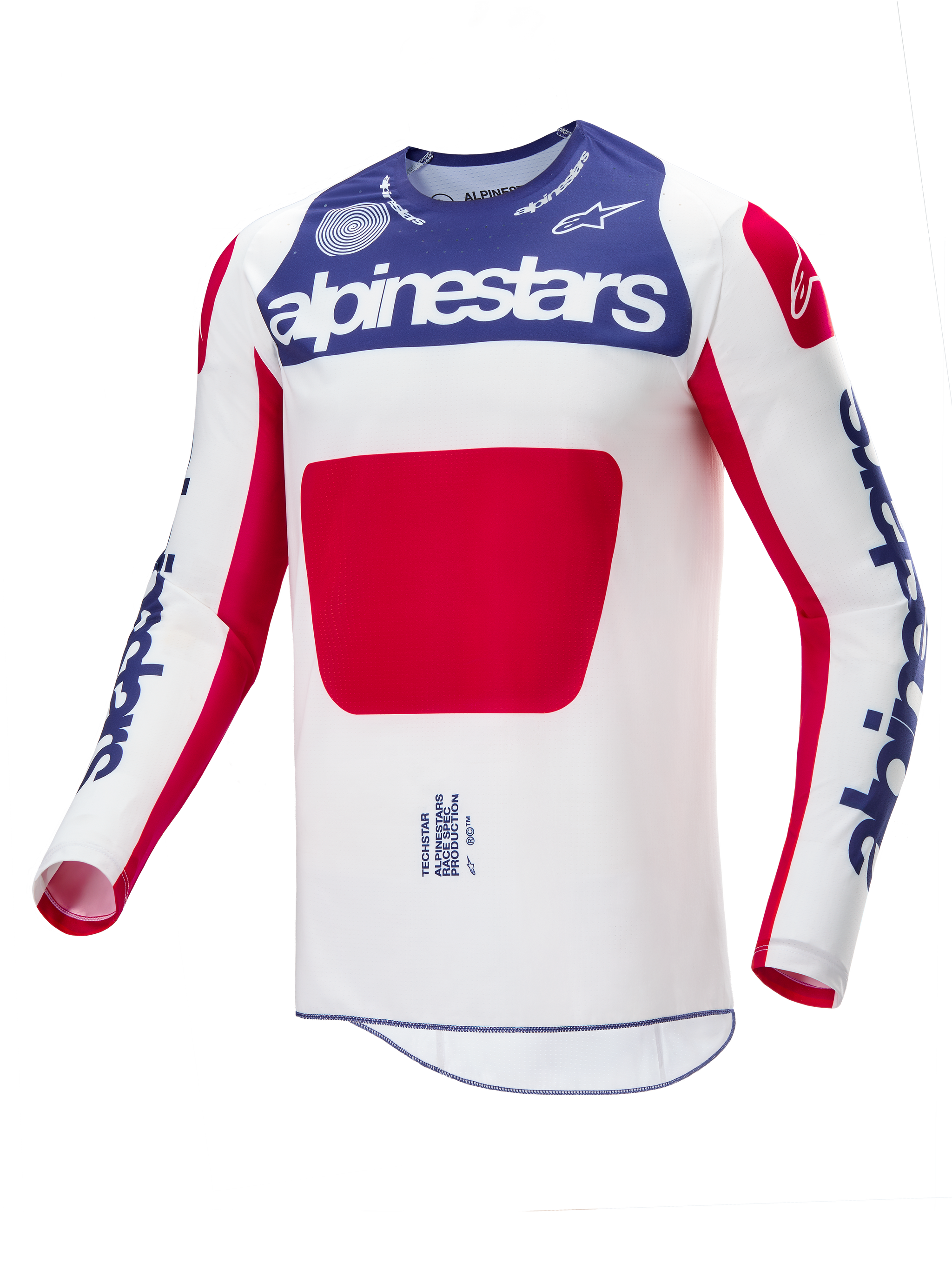 Maillot Alpinestars Techstar Fortitude Édition Limitée, maillot de motocross, rouge, blanc et bleu, avec un corps blanc, un large panneau central rouge, une section bleue sur la poitrine avec marquage Alpinestars blanc et des logos bleus sur les manches, conçu pour la performance en course tout-terrain