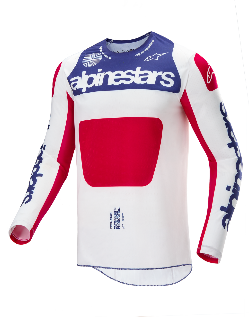 Maillot Alpinestars Techstar Fortitude Édition Limitée, maillot de motocross, rouge, blanc et bleu, corps blanc avec empiècement bleu sur la poitrine et motif rouge, logos Alpinestars bleus sur les manches, design à coupe athlétique type course