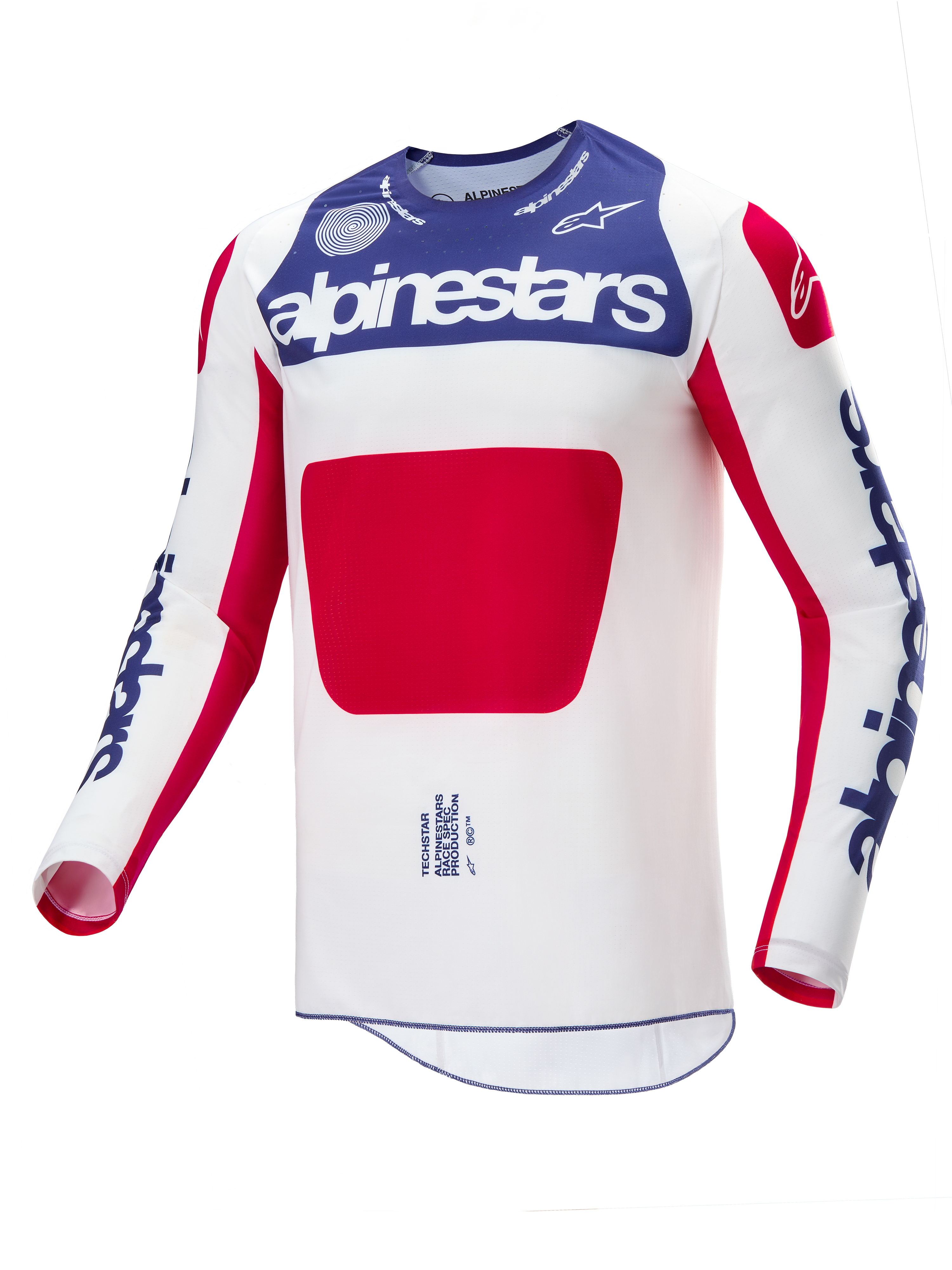 Maillot Alpinestars Techstar Fortitude Édition Limitée, maillot de motocross, rouge, blanc et bleu, corps blanc avec empiècement bleu sur la poitrine et motif rouge, logos Alpinestars bleus sur les manches, design à coupe athlétique type course