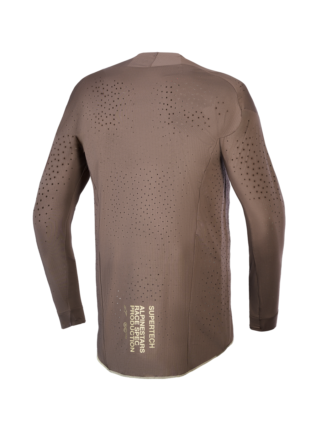 Maillot Alpinestars Supertech Air Gold, maillot de motocross pour homme, marron, graphisme doré au dos et perforations laser.