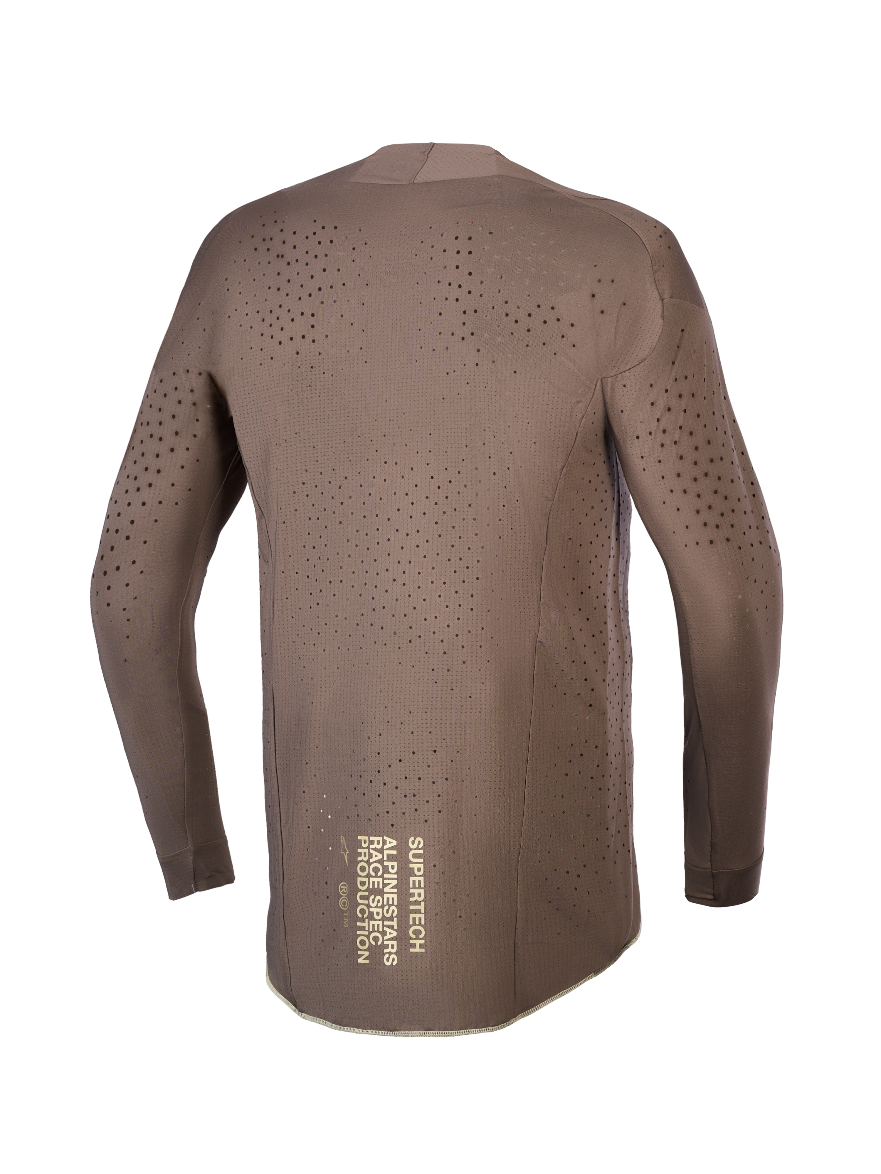 Maillot Alpinestars Supertech Air Gold, maillot de motocross pour homme, marron, graphisme doré au dos et perforations laser.