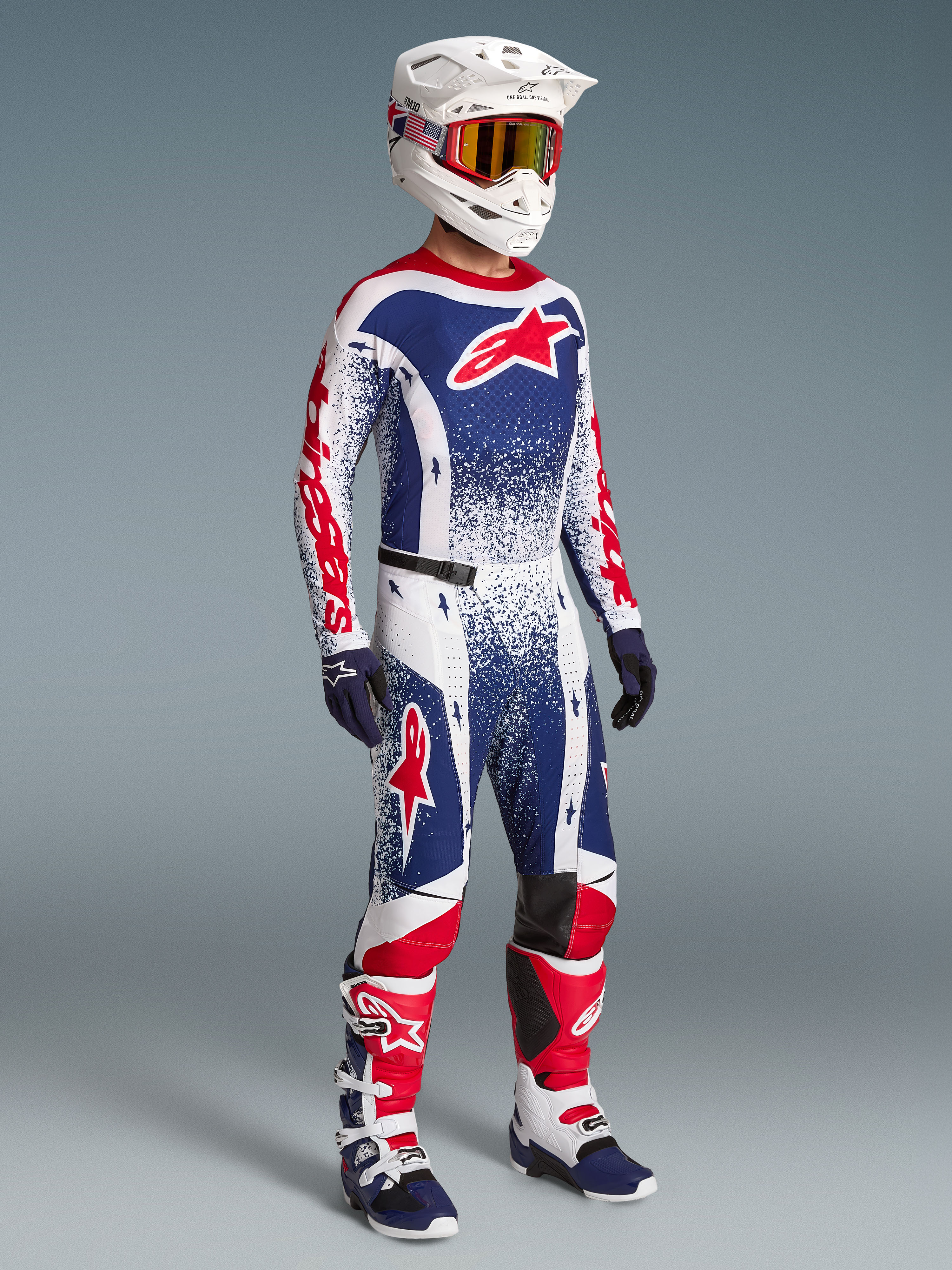 Alpinestars Techstar Unity, maillot de motocross pour homme, édition limitée, bleu, blanc et rouge, coupe performance, tenue complète de pilotage tout-terrain
