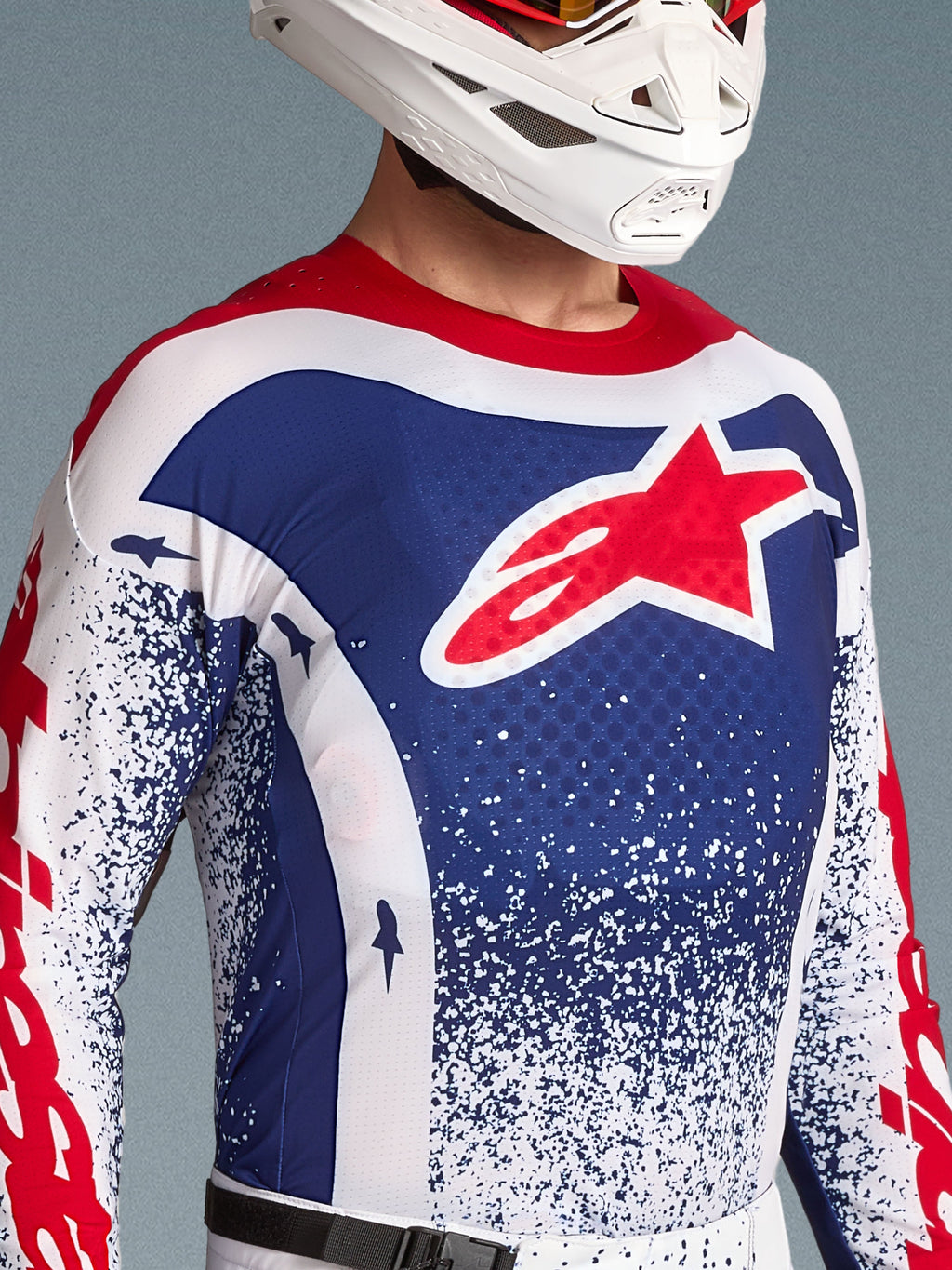 Alpinestars Limited Edition Techstar Unity Jersey for men, blue and white motocross racing top with a red star logo.