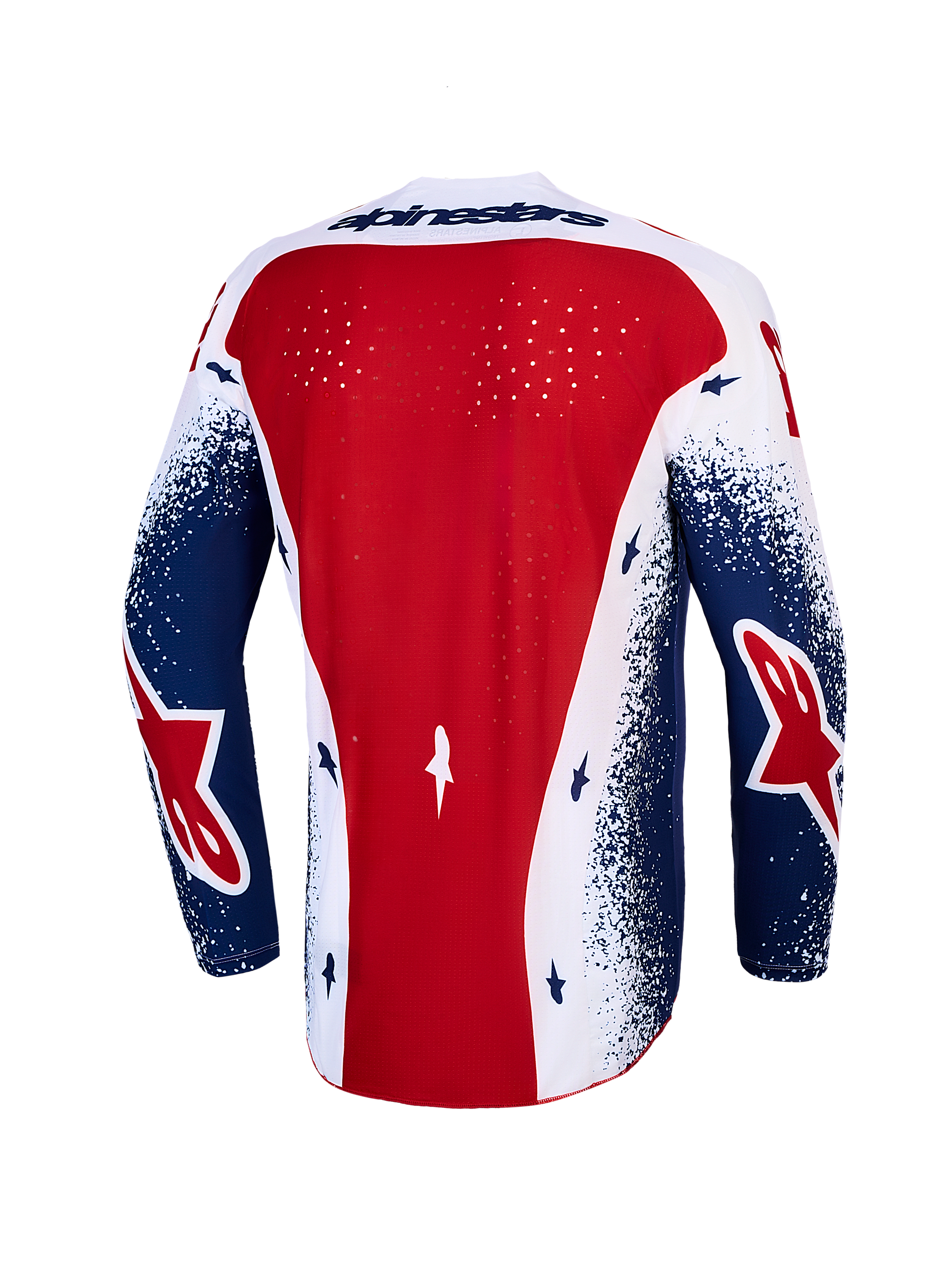 Maillot Alpinestars Techstar Unity Édition Limitée, motocross homme, rouge, blanc et bleu, vue de dos à perforations laser.