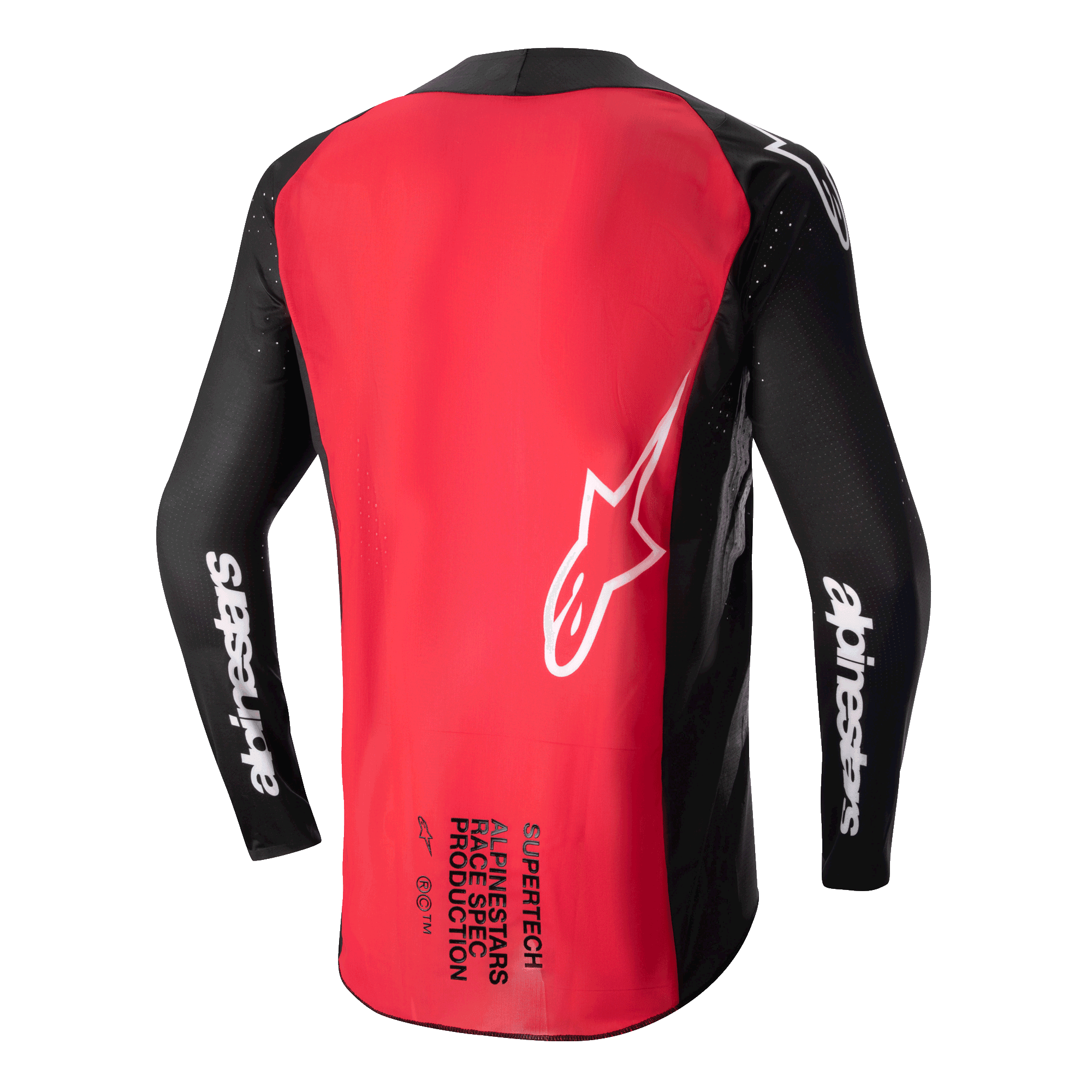 Maillot Alpinestars Supertech Ward 2024, maillot de motocross, noir et rouge berry, vue arrière montrant un large panneau dorsal rouge, des manches en maille noire avec logo Alpinestars blanc, un logo étoile blanc et l'inscription Supertech Race Spec dans le bas du dos