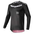 Maillot Alpinestars Supertech Ward 2024, maillot de motocross, noir et rouge berry, avec logos Alpinestars blancs sur la poitrine et le col, perforations de ventilation découpées au laser sur les manches et les côtés, et coupe de course haute performance avec accents intérieurs rouge berry.