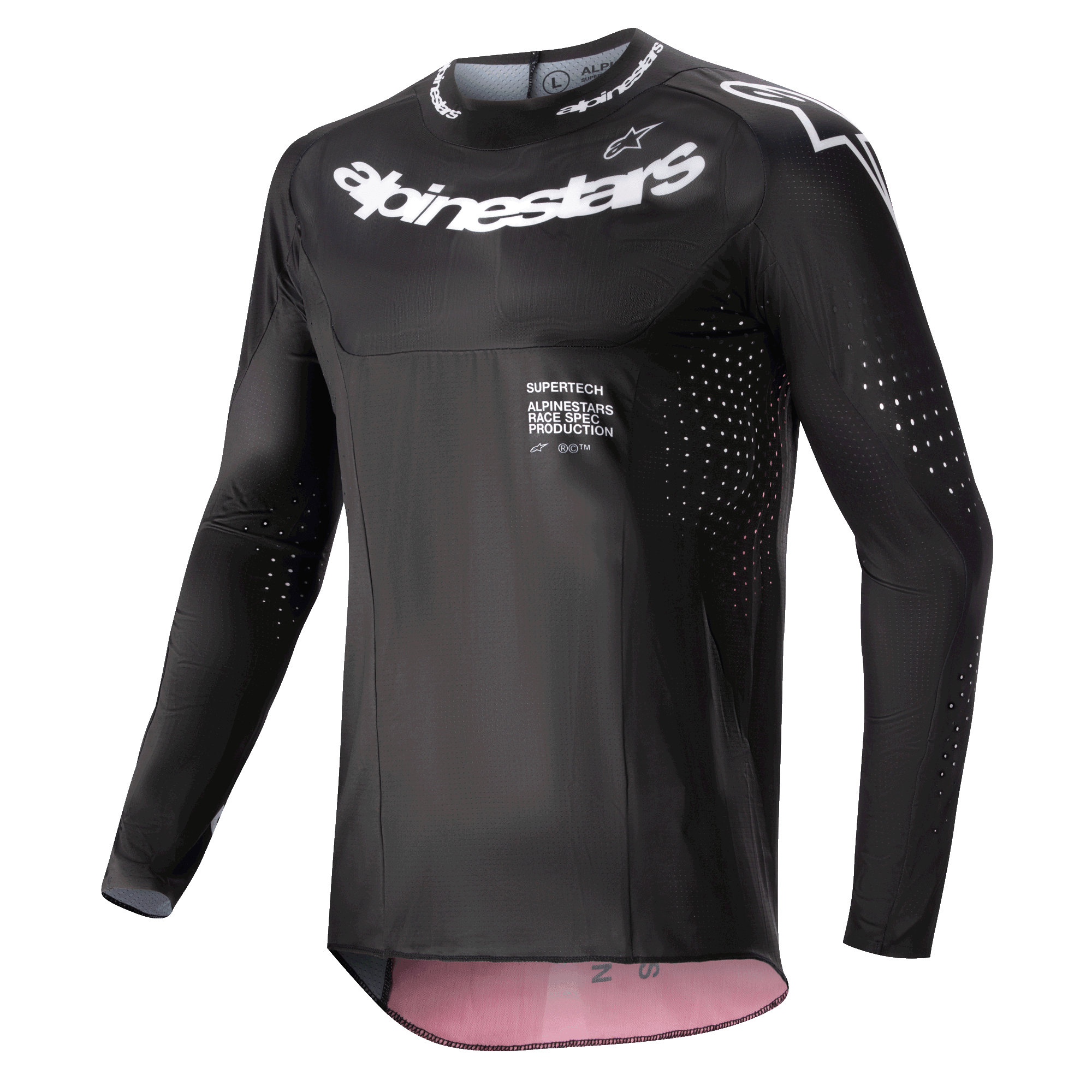 Maillot Alpinestars Supertech Ward 2024, maillot de motocross, noir et rouge berry, avec logos Alpinestars blancs sur la poitrine et le col, perforations de ventilation découpées au laser sur les manches et les côtés, et coupe de course haute performance avec accents intérieurs rouge berry.