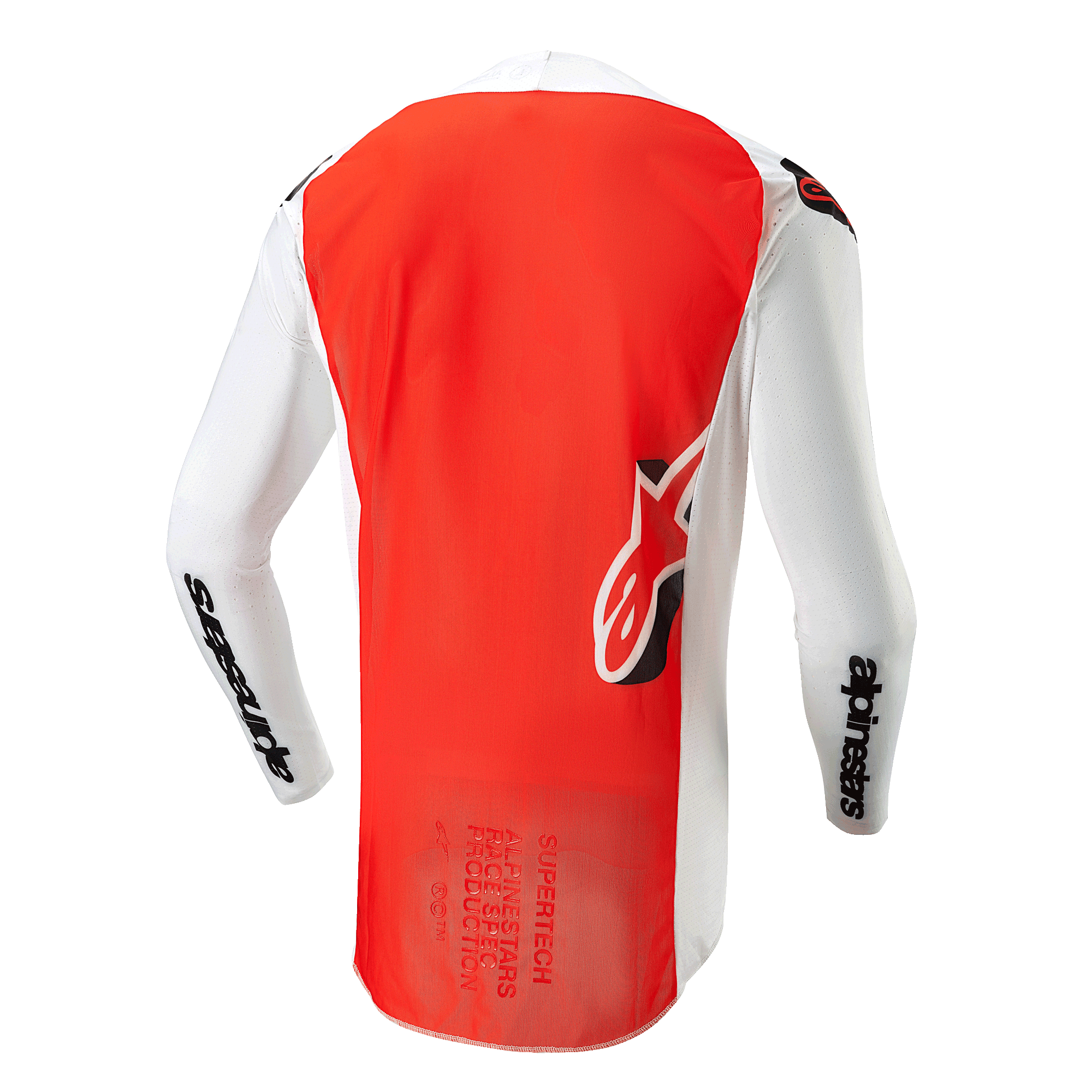 Alpinestars 2024 Supertech Ward Jersey, Back View, White Hot Orange, featuring a large vibrant orange center panel, white sleeves and side panels with black Alpinestars branding, and Astar logo on the lower back, professional-grade mesh construction for motocross.