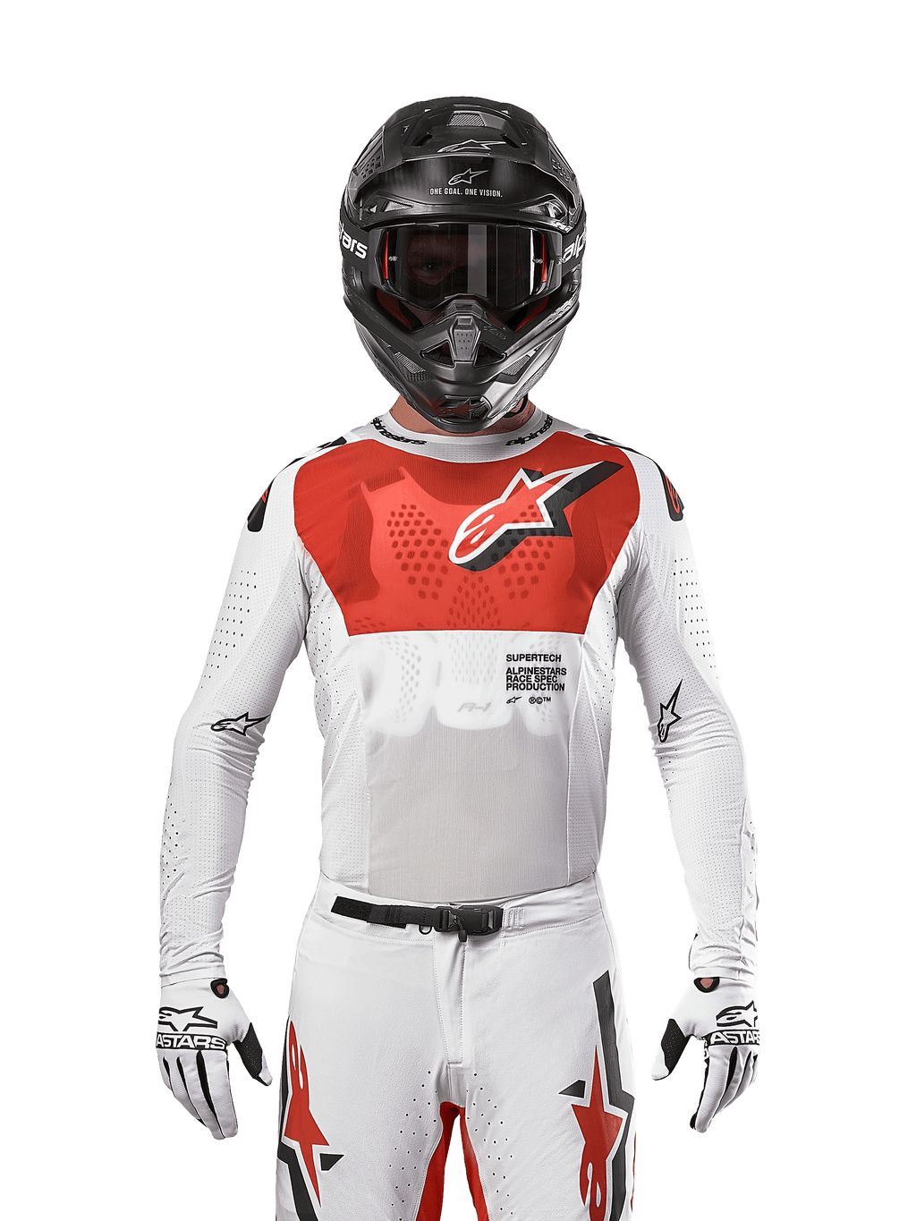 Motocross rider wearing Alpinestars 2024 Supertech Ward Jersey in White Hot Orange, white stretch mesh jersey with a prominent red chest graphic and logo, black helmet with dark goggles, white gloves, professional-level gear for off-road performance