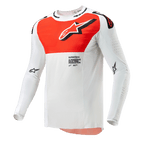 Alpinestars 2024 Supertech Ward Jersey, Motocross Jersey, White and Hot Orange, long-sleeve technical top with a large orange chest graphic, star logo, and breathable perforated construction for off-road racing.