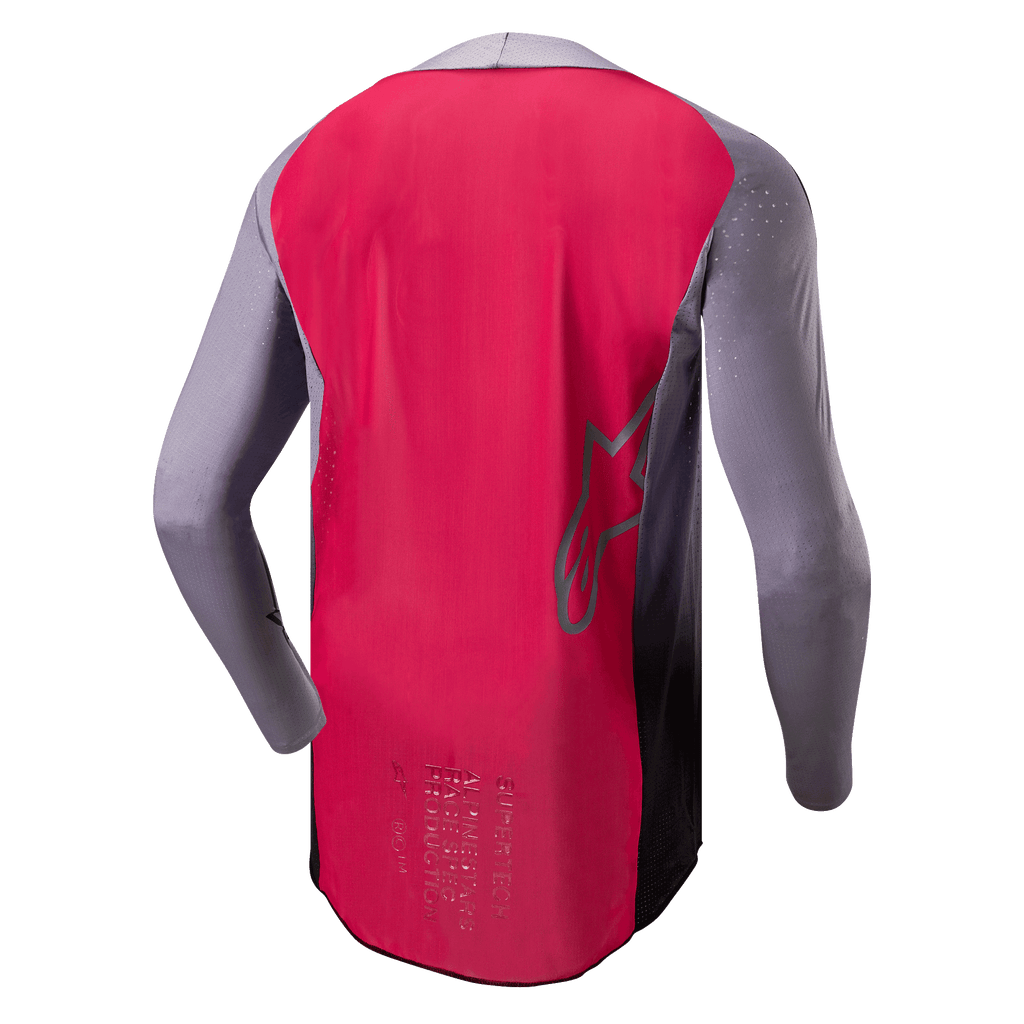 Alpinestars 2024 Supertech Dade Jersey, maillot de motocross, Iron Red Berry et gris, vue arrière montrant la construction en maille respirante, contour du logo étoile Alpinestars et marquage professionnel de spécification course
