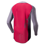 Alpinestars 2024 Supertech Dade Jersey, maillot de motocross, Iron Red Berry et gris, vue arrière montrant la construction en maille respirante, contour du logo étoile Alpinestars et marquage professionnel de spécification course